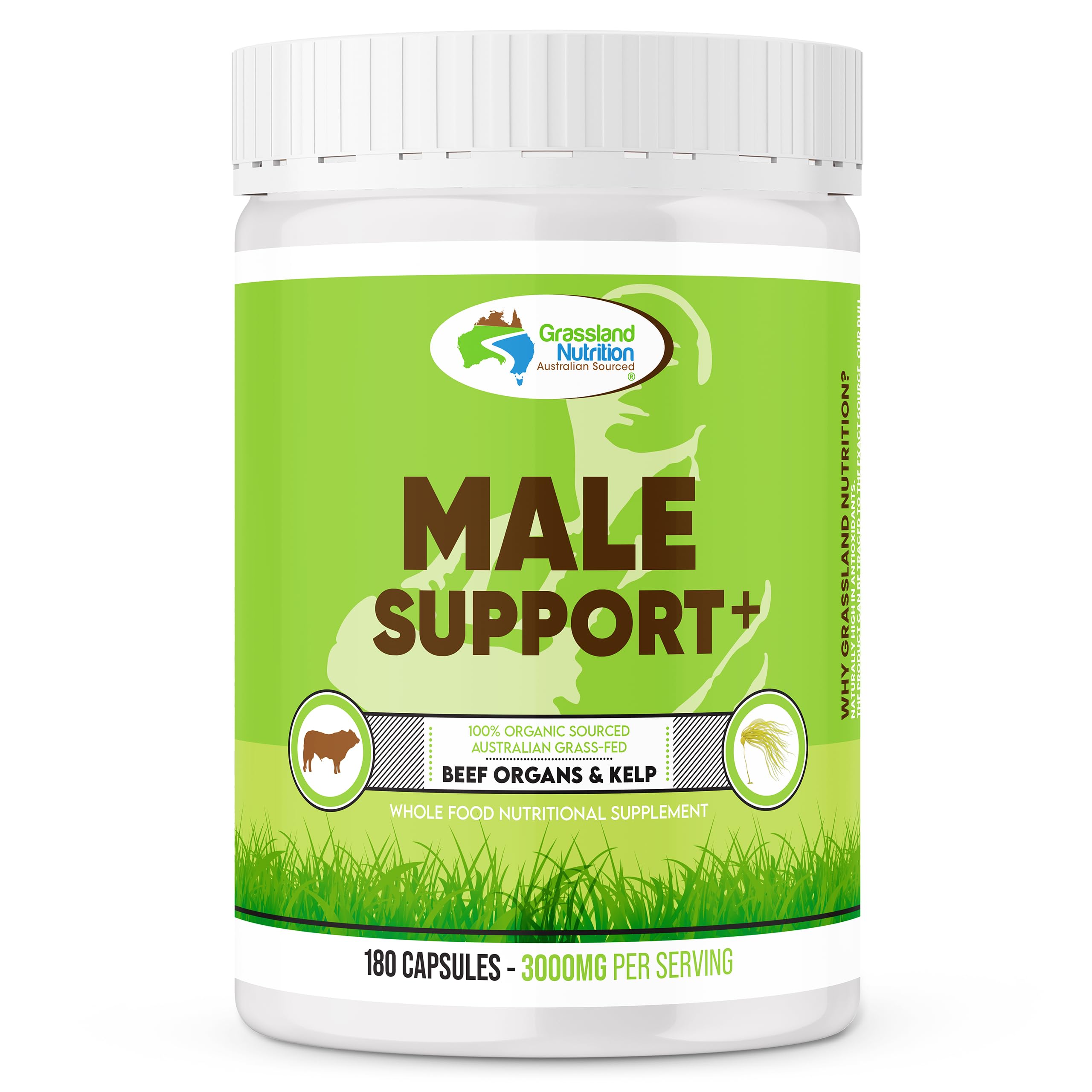 GRASSLAND NUTRITION100% Organic Australian: Male Support Blend of Beef Organs - B12, CoQ10, Iodine (180 Capsules)