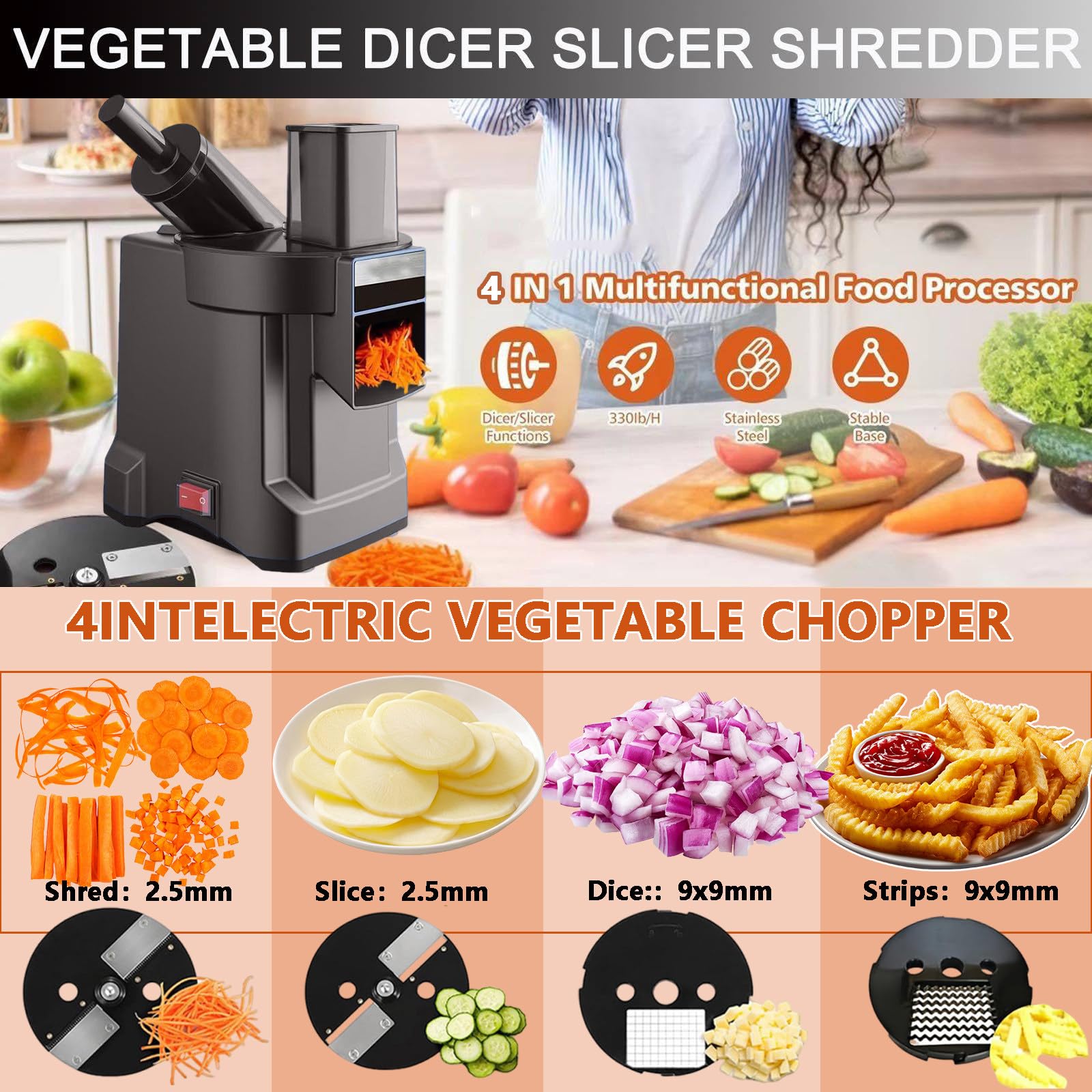 Tagliaverdure elettrico multifunzione 4-in-1 con affettatrice,cubettatrice,grattugia e taglia patate ondulato,lame in acciaio inox,Affettatrice elettrica per verdure per meal prep e catering