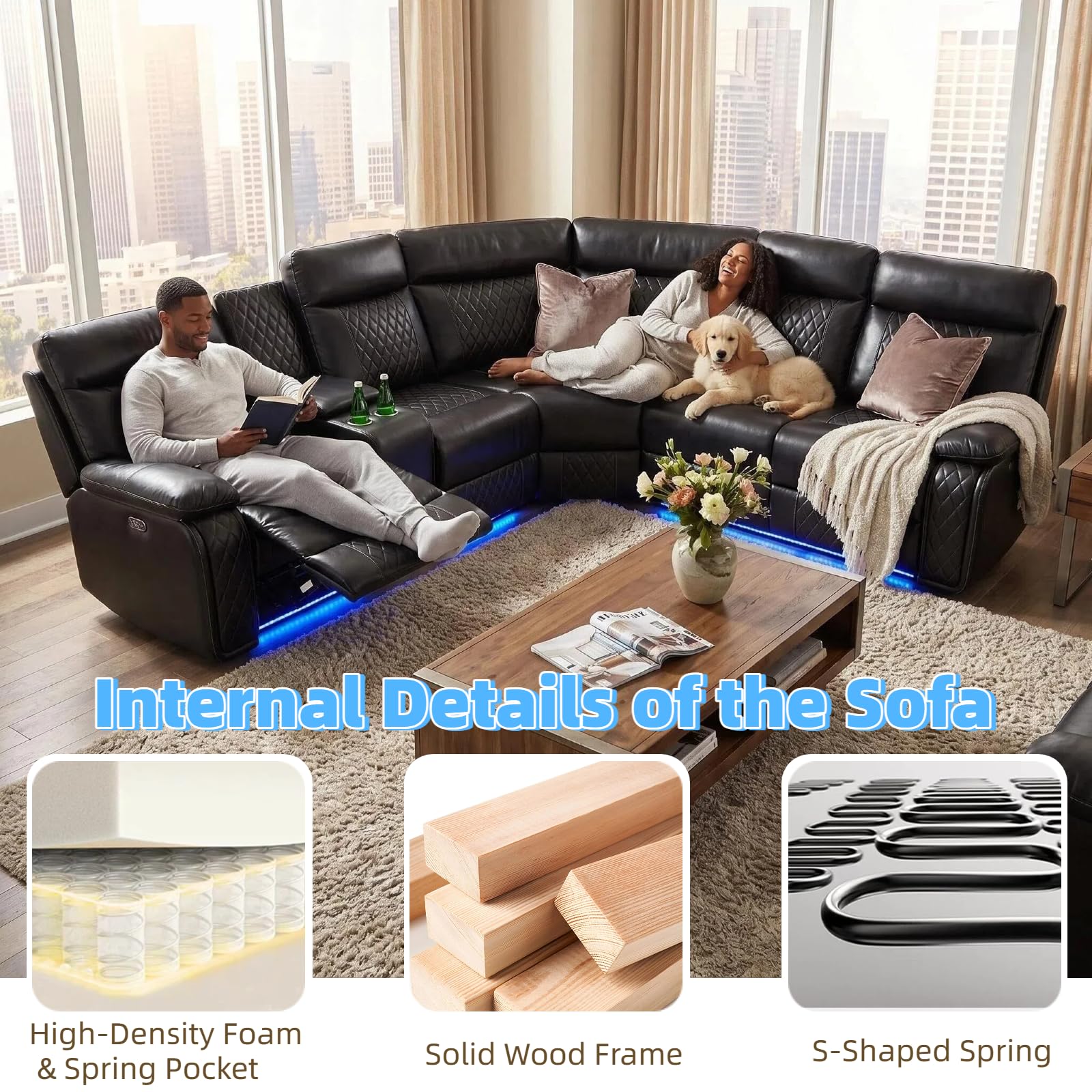 Power Reclining Sofa Set with LED Light,Living Room Furniture Sets,Leather Recliner Sectional Couch Set with USB Charging Port & Storage & Cup Holders for Apartment/Home Theater/Office view 5