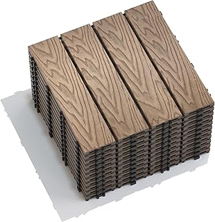 11 PCS Wood Plastic Composite Interlocking Deck Tiles 12" x 12" Indoor Outdoor Waterproof DIY Installation Flooring All Weather Use for Balcony Backyard Garden & Poolside 3D Natural Wood