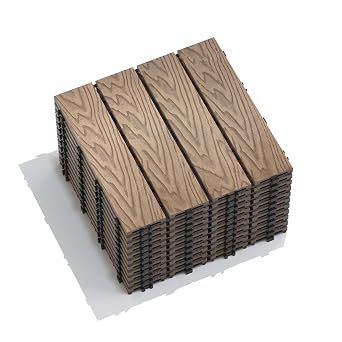 11 PCS Wood Plastic Composite Interlocking Deck Tiles 12" x 12" Indoor Outdoor Waterproof DIY Installation Flooring All Weather Use for Balcony Backyard Garden & Poolside 3D Natural Wood