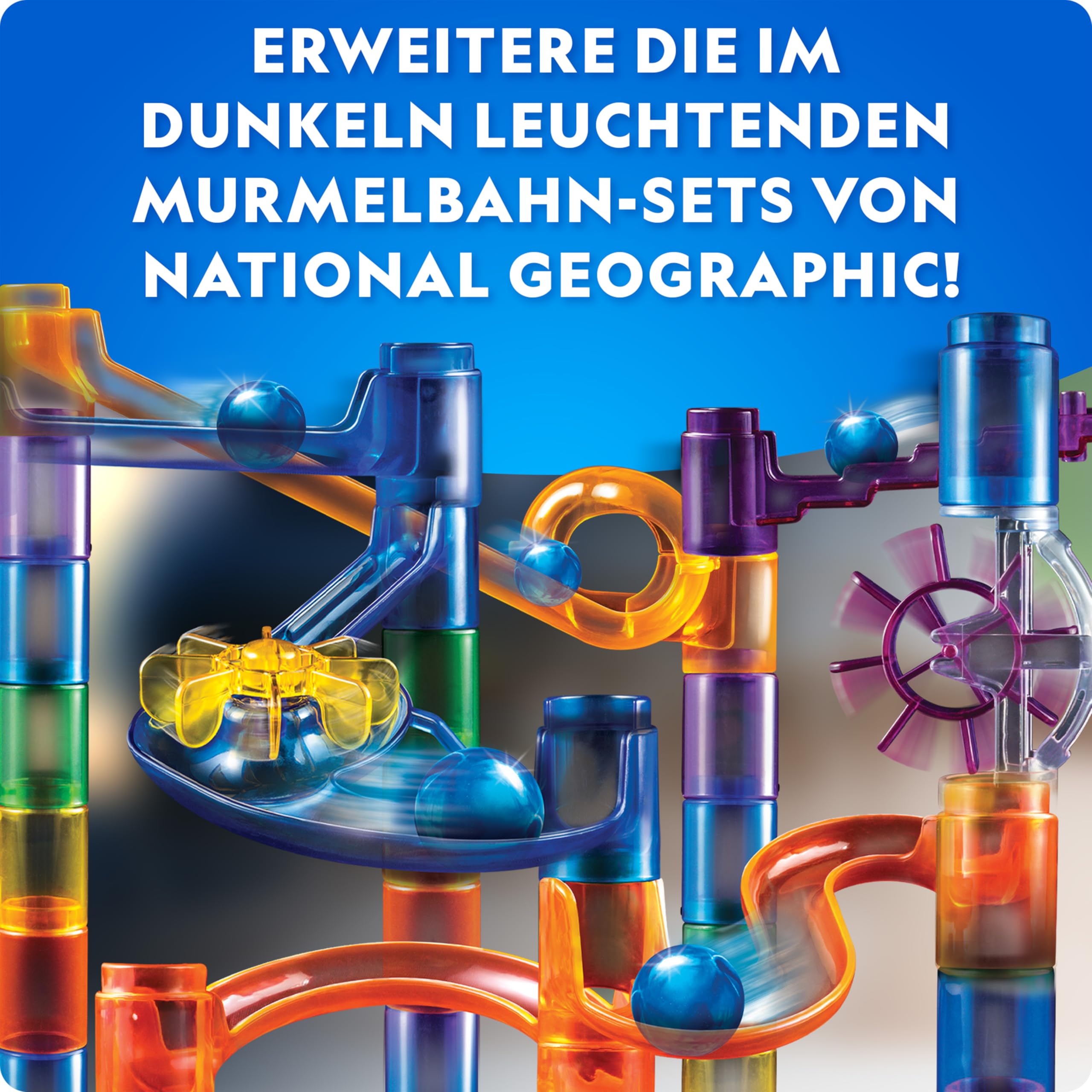 Blue Marble NATIONAL Geographic Murmelbahn mit Motoraufzug – 150-teiliges Set mit motorisierter Spirale, 30 Glasmurmeln, Aufbewahrungstasche & Zubehör, Endlosschleifen-Spiel, Mint-Bausatz für Kinder