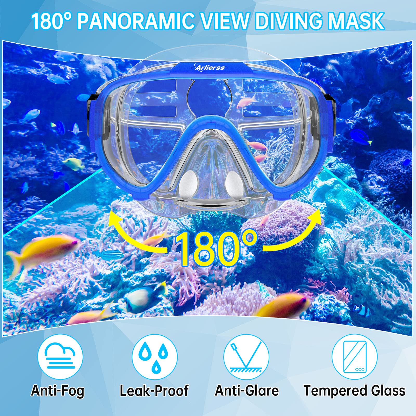 Arlierss Set per Snorkeling, Anti-Fog Maschera Subacquea Panoramica a 180 Gradi e Snorkel Pieghevole, Anti-Perdite Maschera Snorkeling, Set Snorkeling, Set per Lo Snorkeling ​a Secco, Unisex Adulto
