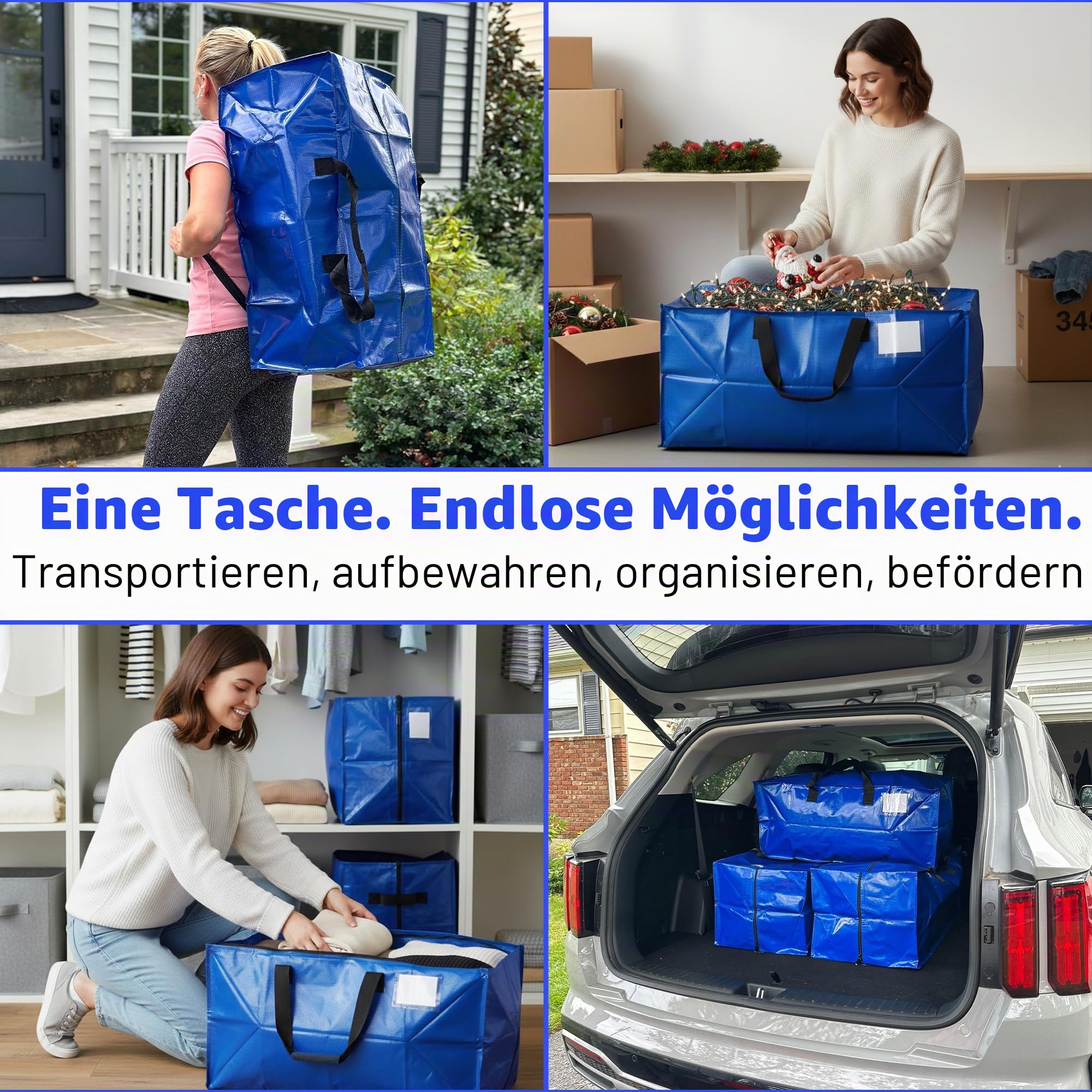 DURASACK Robuste Umzugstasche Aufbewahrungsbehälter Seesack mit Reißverschluss, verstärkte Tragegurte und Rucksackgurte, aus robustem gewebtem Polypropylen, 4er-Pack, Blau