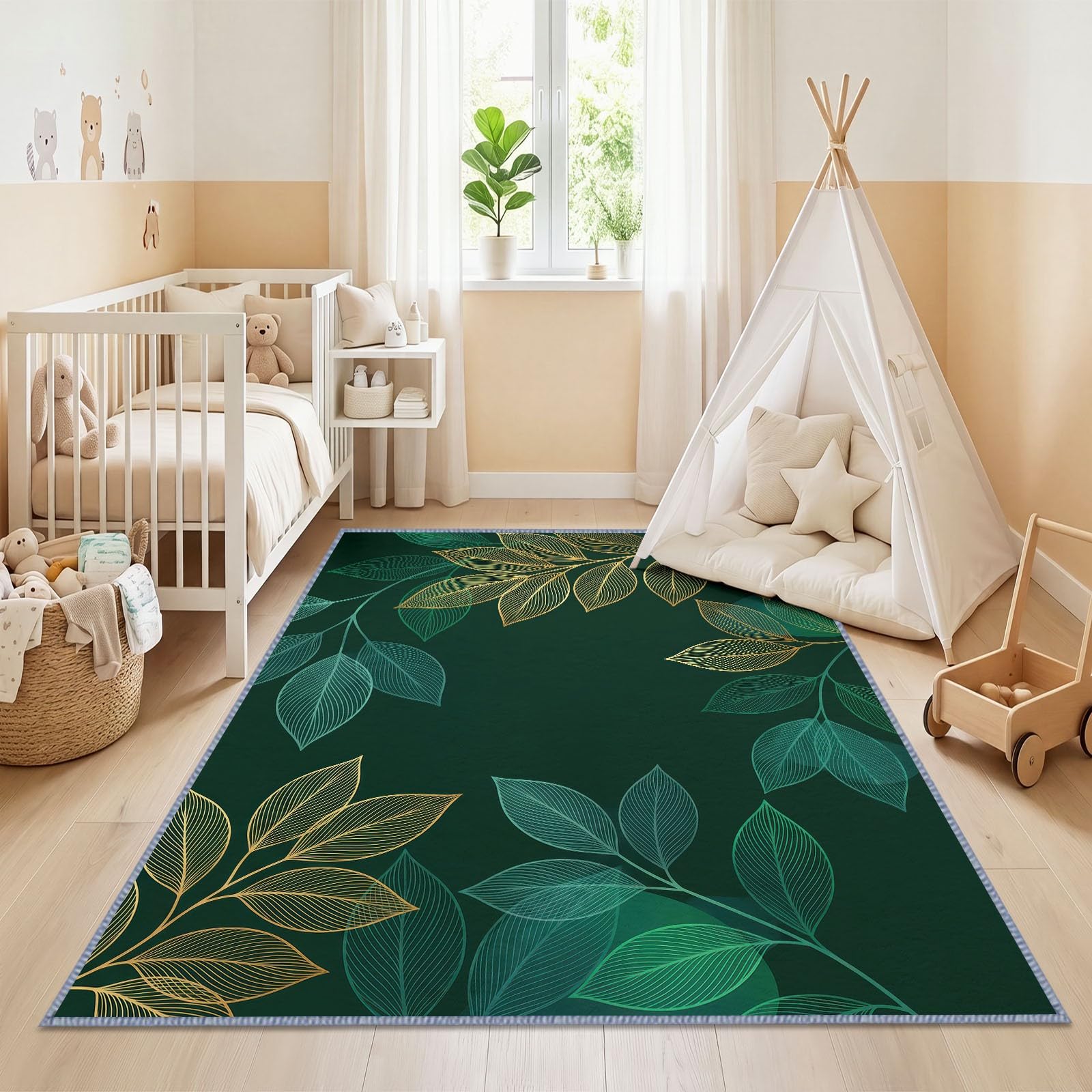 Generisch Teppich Minimalistisch Pflanzen Waschbarer Wohnzimmer, Kurzflor Gold Blaugrün Blätter Kinderteppich Teppichen 80 x 150 cm Schlafzimmer Bettvorleger für Kinderzimmer Büro Esszimmer