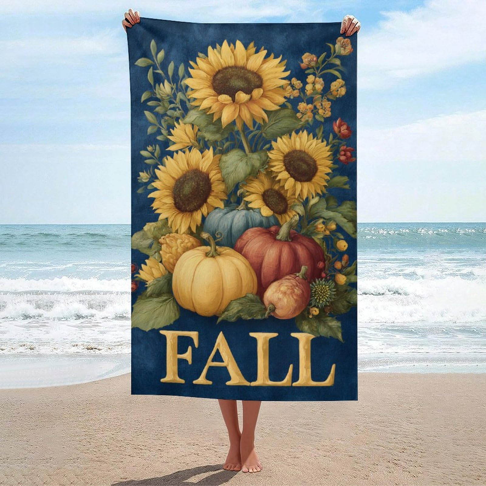 asbwuo Yellow Sunflowers Fall Pumpkins Gourds Beach Towel