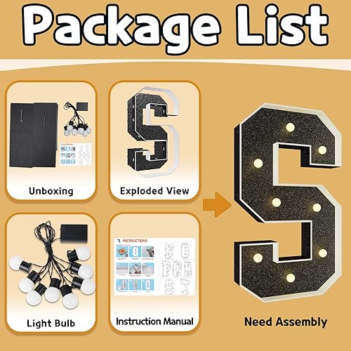 Miniatura 2 de imprsv Letras de marquesina negras de 3 pies decoración de fiesta negra - Letra iluminada S grande 3 pies de alto - Carta de decoración de fiesta