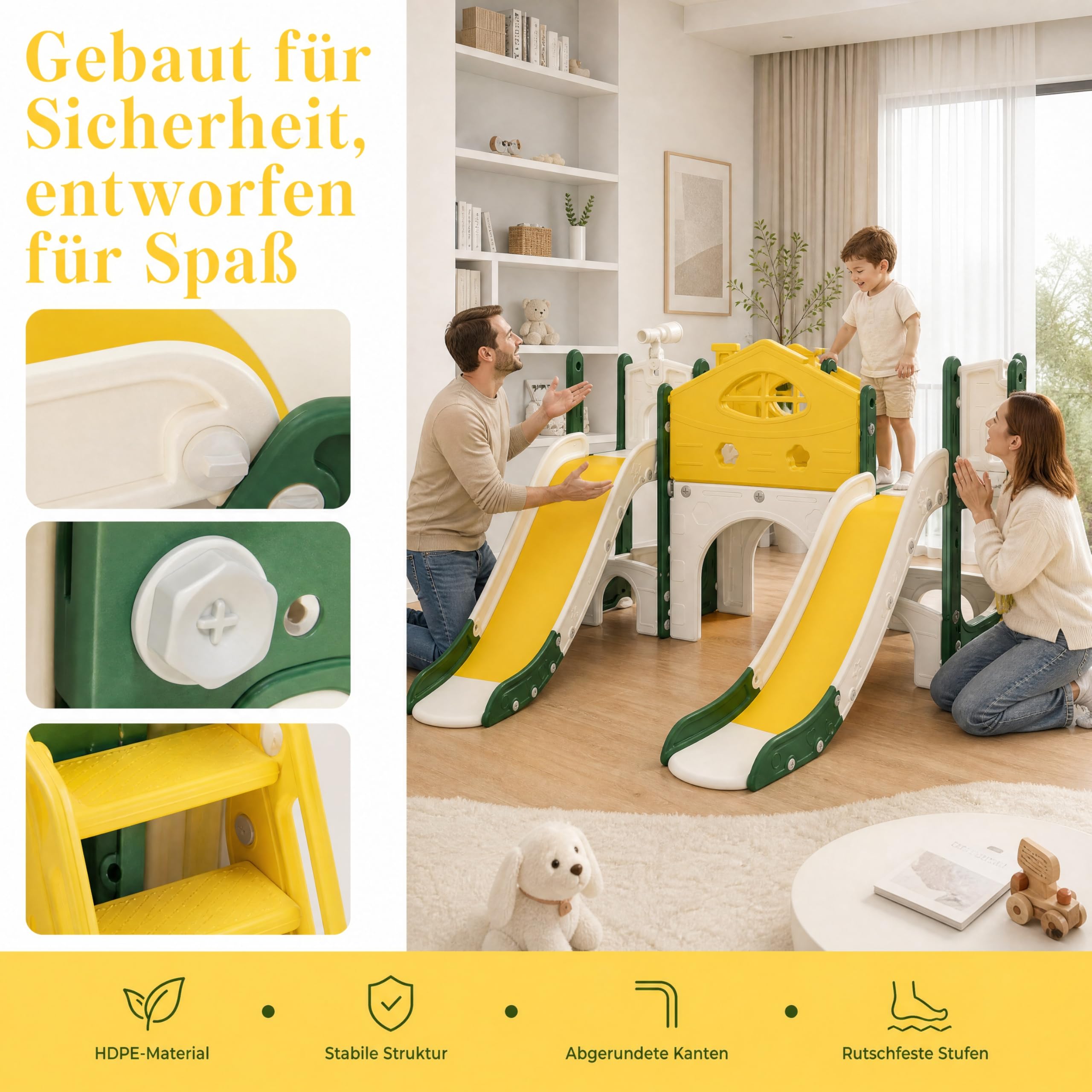Rutsche für Kinder, 7 in 1, Rutsche für den Außen- und Innenbereich, Rutschenset für Kinder mit Treppe, Rutsche und Tunnel, für Kinder von 1 bis 6 Jahren, Doppelschiene, Gelb