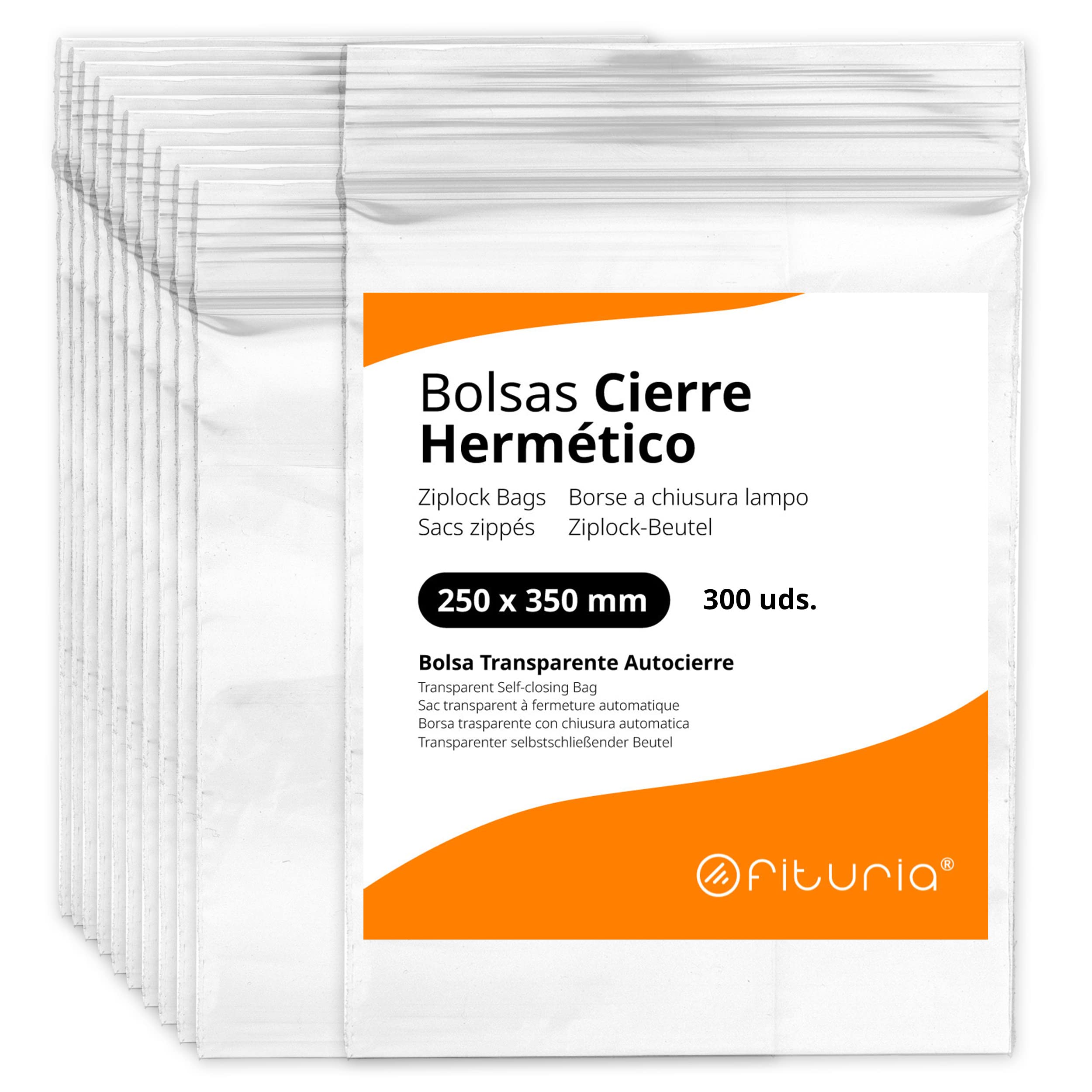 Bolsas con Cierre Hermético de Plástico Transparentes Ideales para Congelar Alimentos, Guarda Documentos, Bolsas Reutilizables y de Conservación - Ofituria (300 Bolsas, 250 x 350 mm)