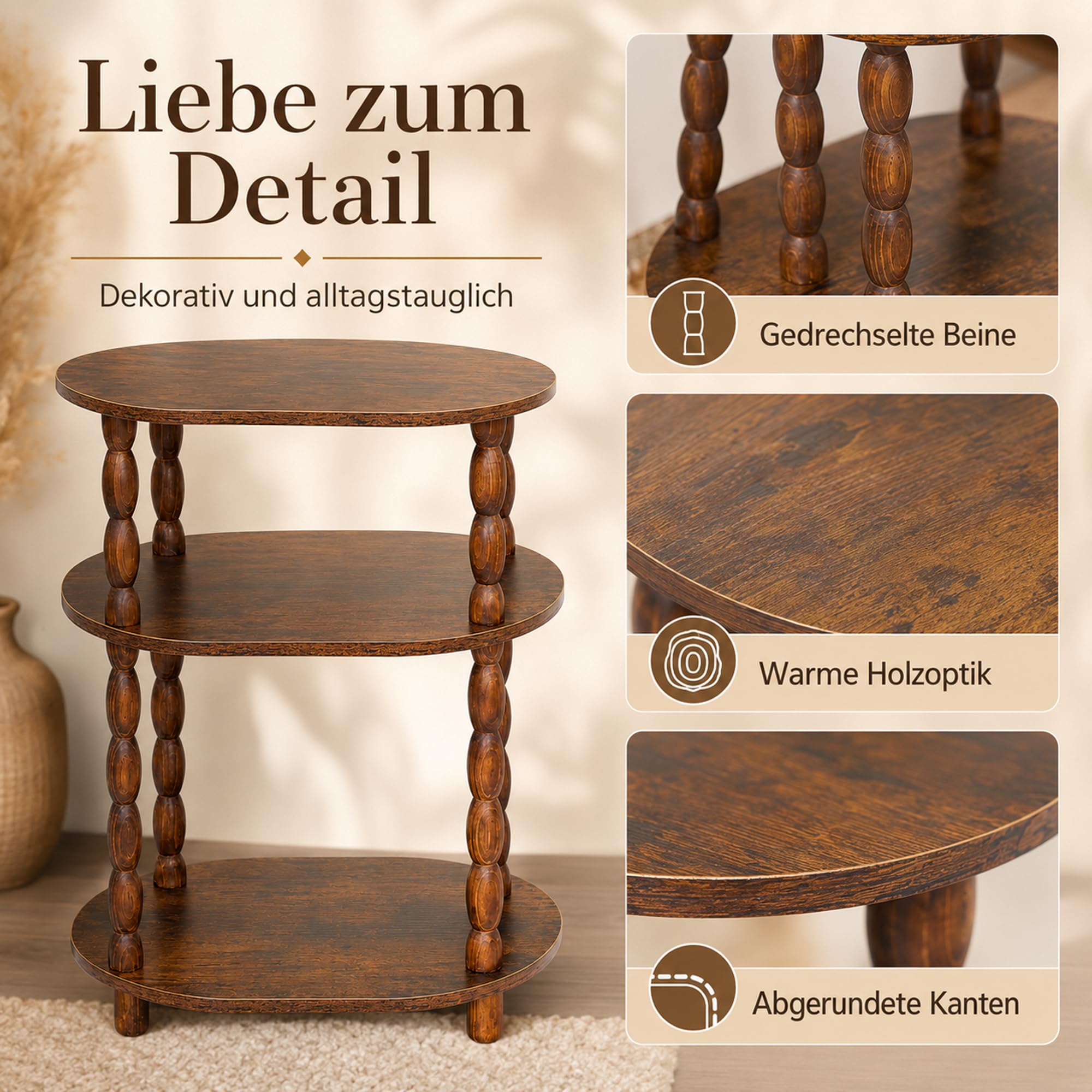Beistelltisch 3 Ebenen, Oval, Klein, Vintage, Rustikales Braun | Nachttisch, Couchtisch mit Massivholzbeinen, Für Wohnzimmer & Schlafzimmer, 30 x 40 x 57 cm