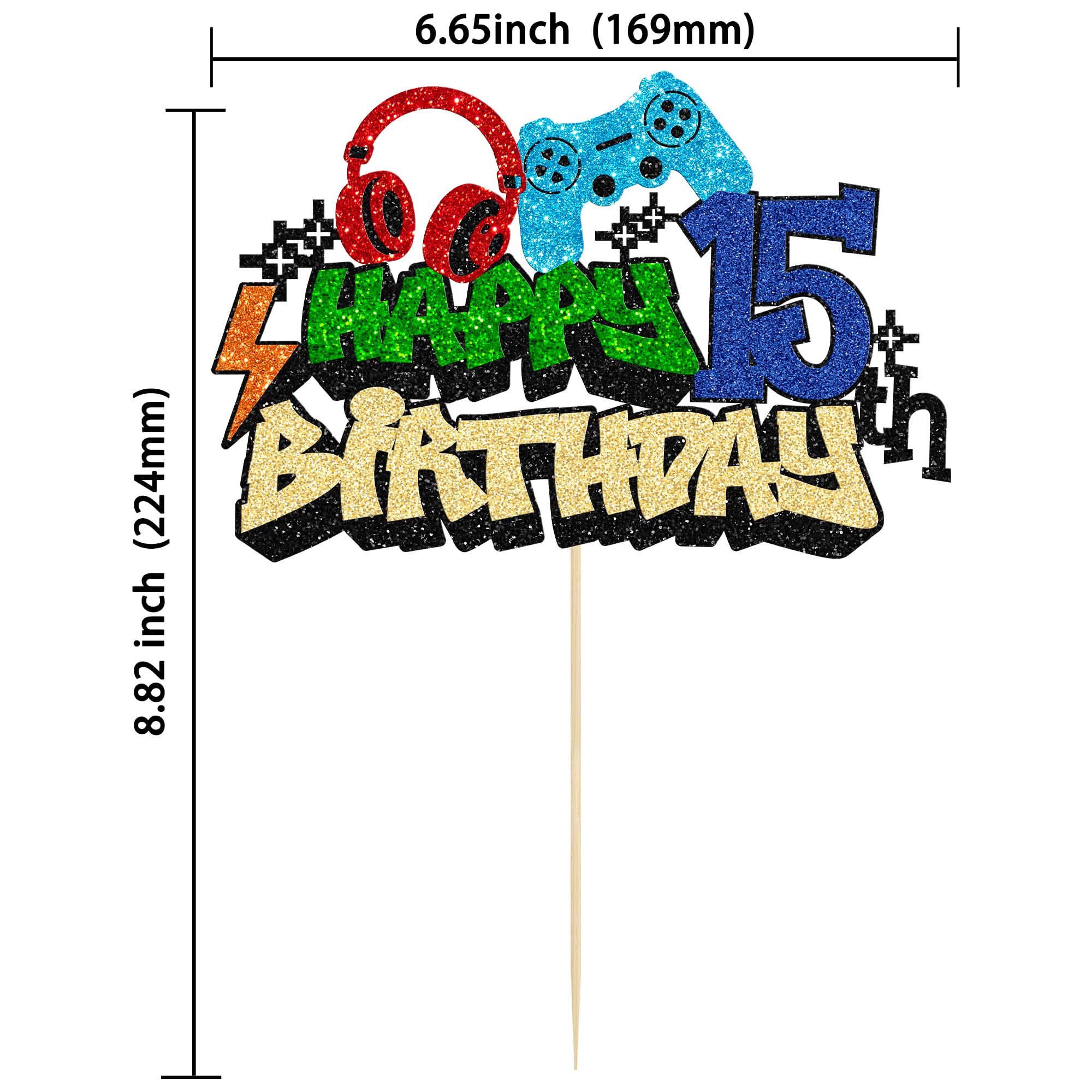 Gyufise 1Pcs Happy 15th Birthday Cake Topper Glitter Video Game Cake Pick Game On Controllers Fifteen Cheers to 15 Years Cake Decoration for Game Theme Happy 15th Birthday Party Supplies 1