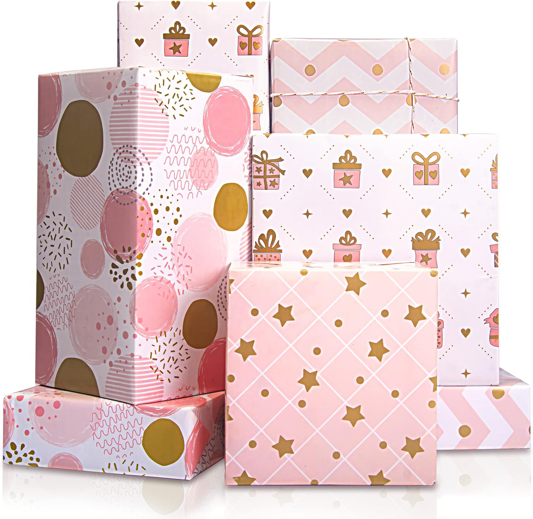 Larcenciel Wrapping Paper for Girl, Metallic Gold Foil Wrapping Paper, Pink Gift Wrap for Birthday, Valentines Day, Christmas, Wedding, Baby Shower,4 Sheets 27.5x19.6inch