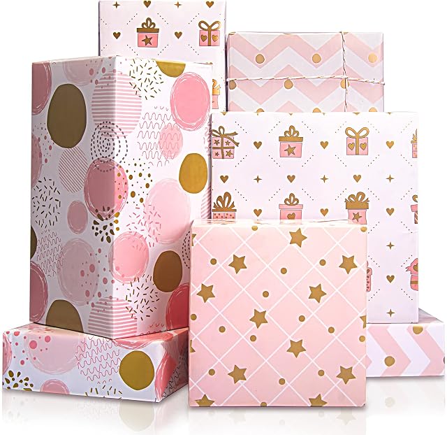 Larcenciel Gift Wrapping Paper, Birthday Wrapping Paper for Girl, Metallic Gold Foil Wrapping Paper, Pink Gift Wrap for Birthday, Valentines Day, Christmas, Wedding, Baby Shower,4 Sheets, 70x50cm