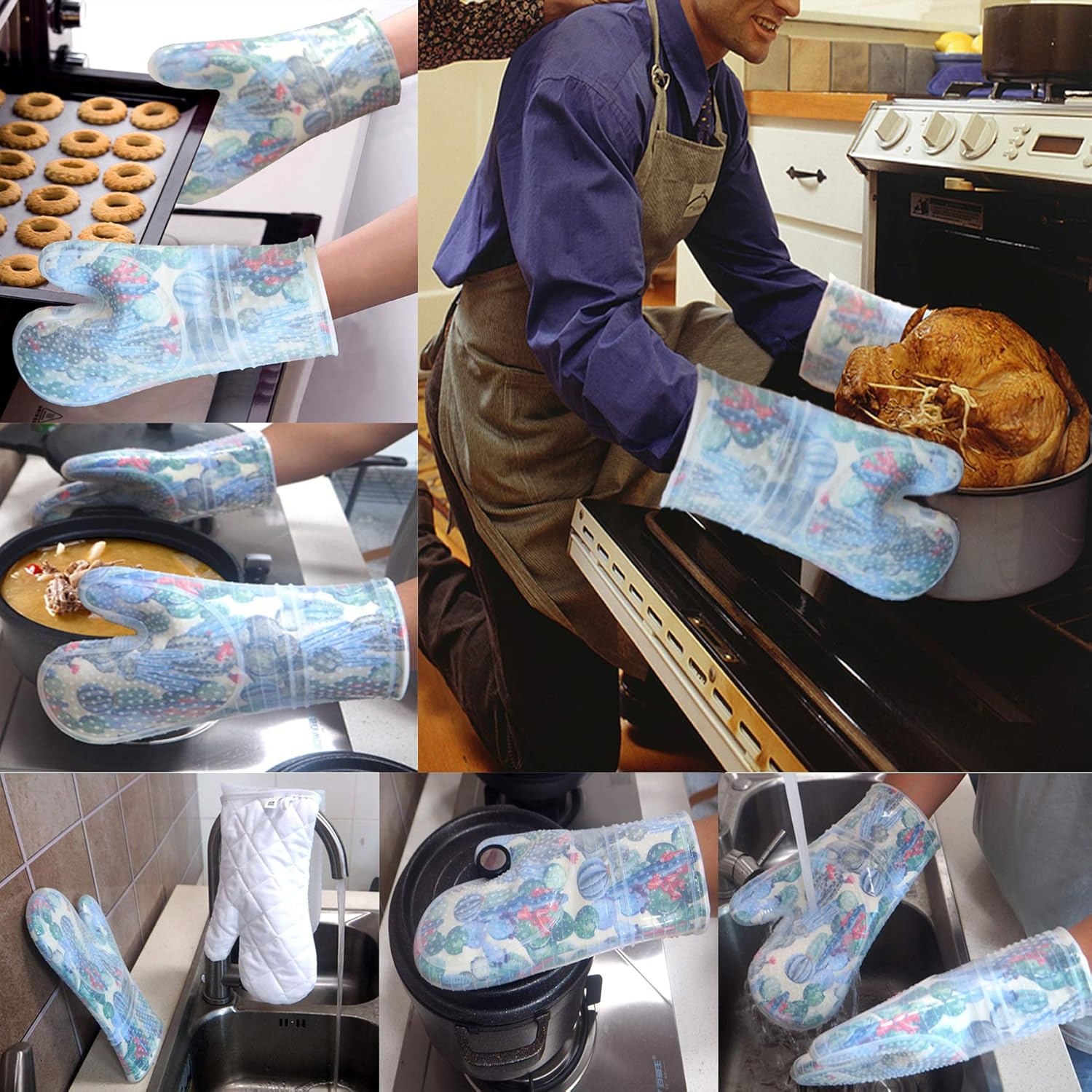 Oven Mitts Set of 2 with Transparent Clear Silicone Shell and Nice Cactus Flower Cotton Lining, Heat Resistant to 500 F Kitchen Oven Gloves Pot Holder for Cooking (Cactus Flower, Oven Mitts) - Image 7