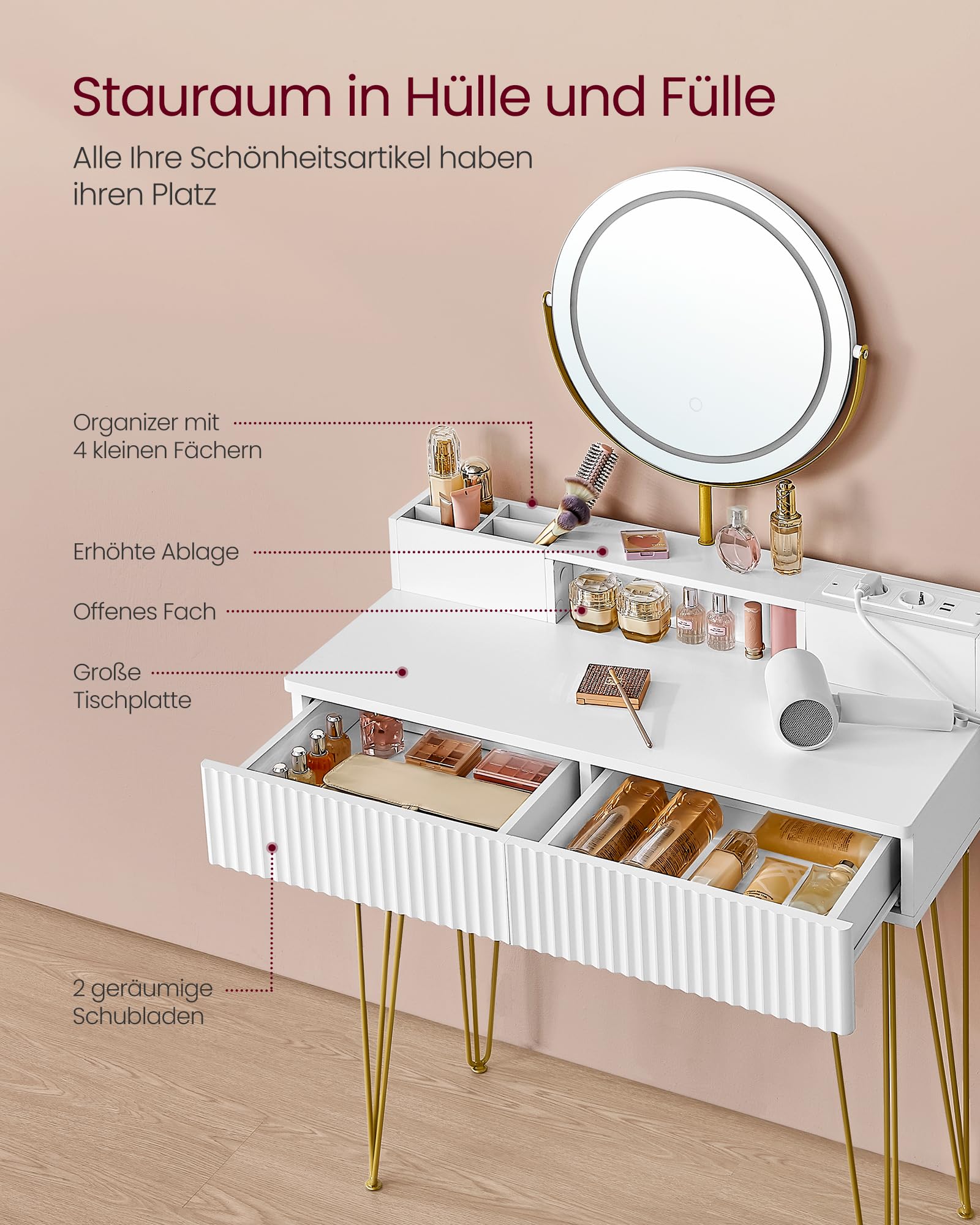 VASAGLE Schminktisch mit Hocker und Beleuchtung, Steckdosenleiste, Spiegel, Frisiertisch, 40 x 80 x 134,8 cm, Kosmetiktisch mit Schubladen, gepolsterter Sitzhocker, mattweiß-blassgold RVT019W01