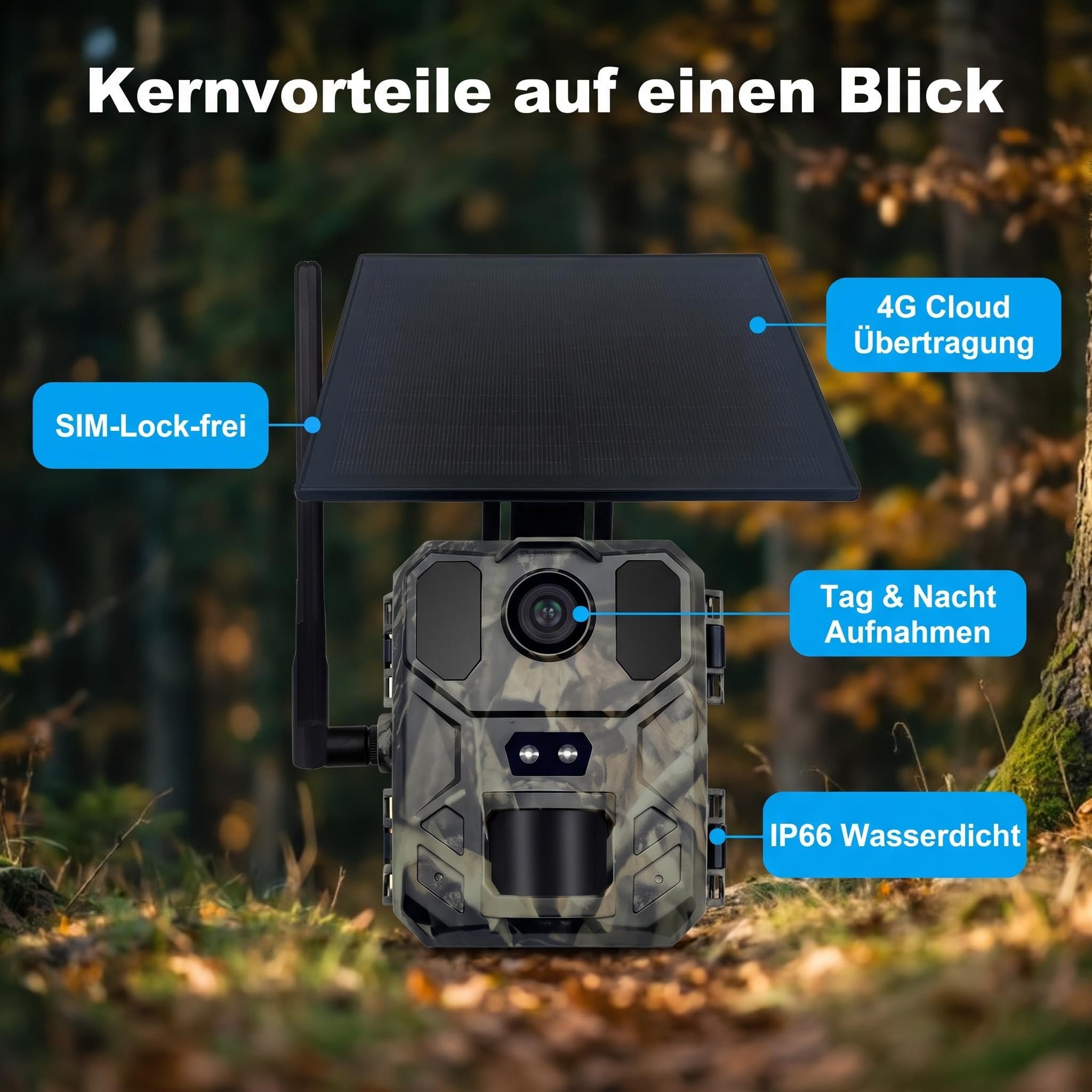 Wildkamera 4G LTE mit SIM-Karte, Doppelobjektiv, Live-Übertragung per App, 4K Video bis 120MP interpoliert, IP65 wasserdicht Außenkamera mit Infrarot-Nachtsicht & Bewegungsmelder