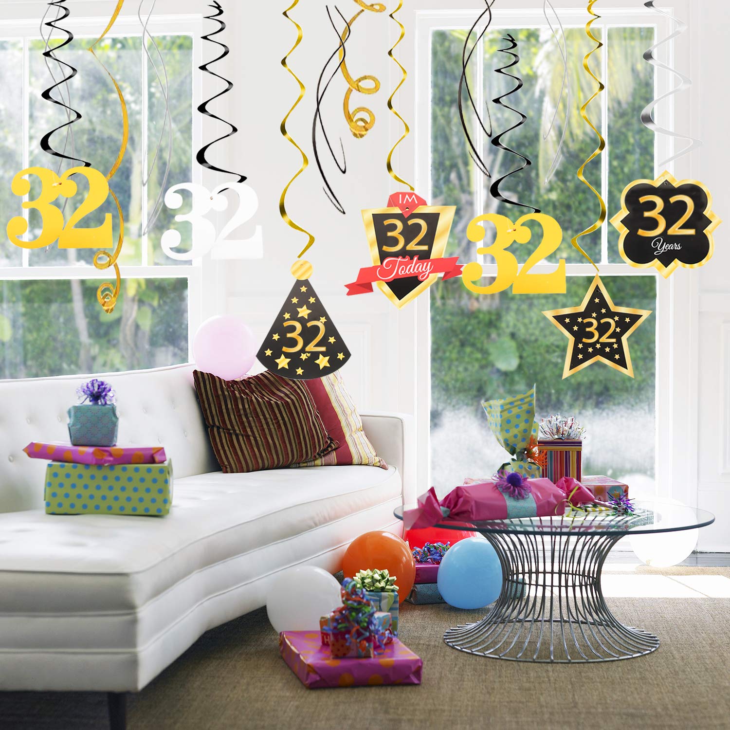 LINGTEER 32nd Birthday Streamers & Banner Set - Swirl Decorations For Party, 20 Streamers + Garland