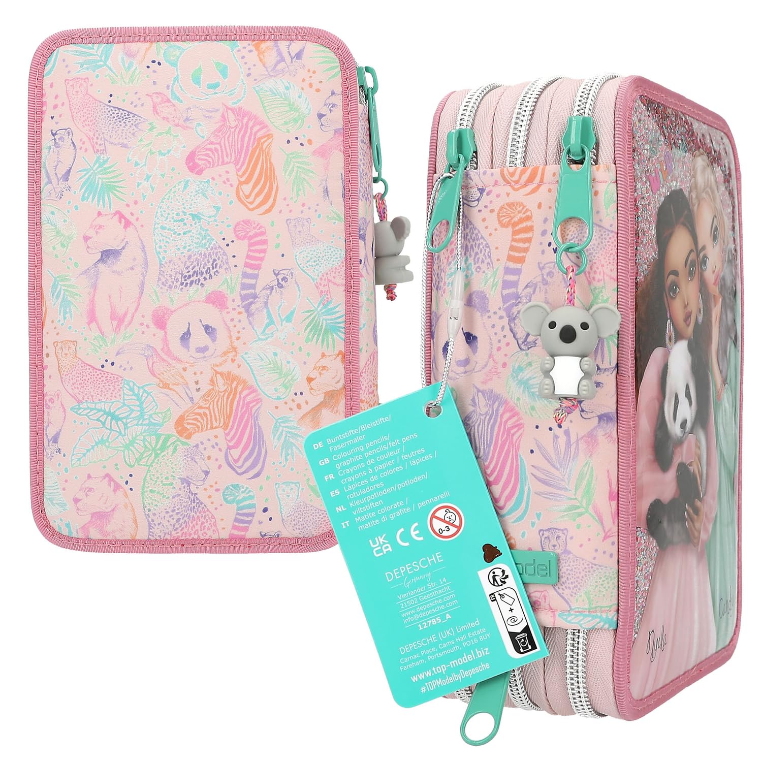 Depesche 12785 TOPModel Wild - Gefüllte 3-Fach Federtasche in Rosa, mit Model Motiv und buntem Tier Muster, Federmappe mit Buntstiften, Lineal, Schere uvm.