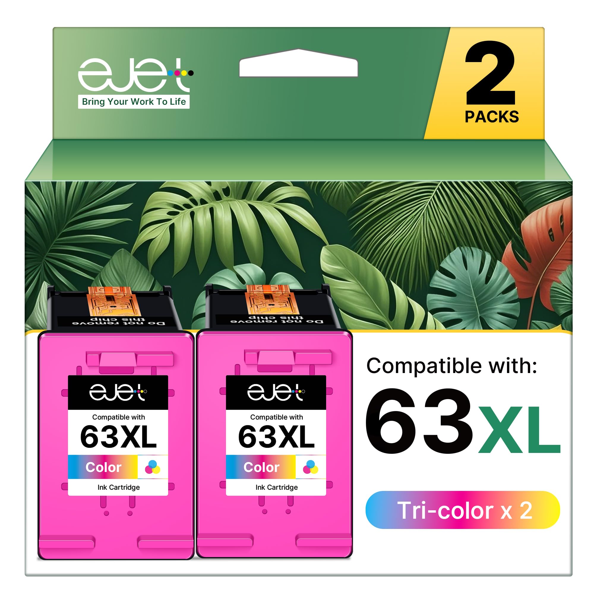 63XL Color Ink Cartridges Replacement for HP Ink 63 XL for HP 63XL Color Ink Cartridge for OfficeJet 3830 Envy 4520 4512 Officejet 4650 5255 Deskjet 1112 Printer (2 Tri-Color)