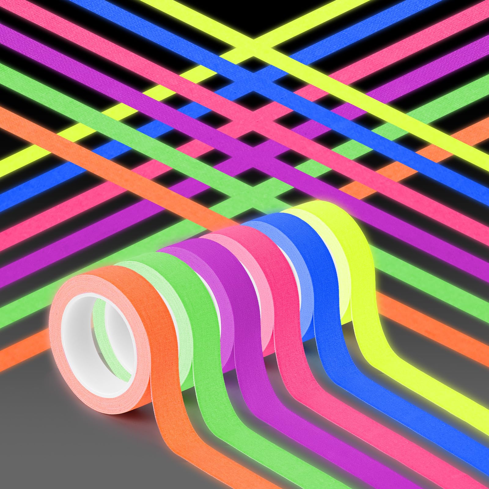 AYBUY 6 Rolls Neon Gaffer Cloth Tape, 15mm x 5m Fluorescent Colors Pro Gaff Tape Adhesive Decorative Tapes for Glow Party Stage Decorations, Coding Floors Marking, UV Party