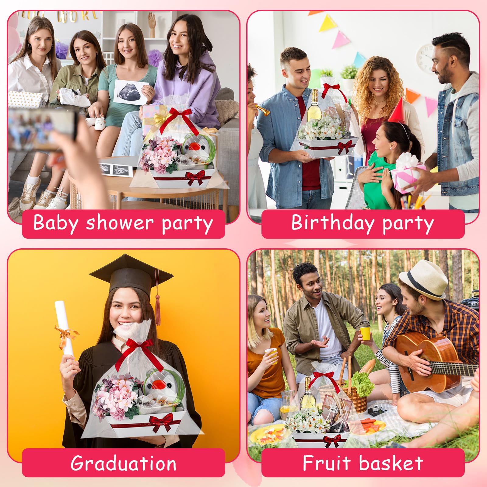 RattanView Kit da 12 cestini vuoti per confezioni regalo, 6 cesti per vino, 6 sacchetti di cellophane, kit da riempire per baby shower, feste di compleanno, regali (bianco, nastro rosso)