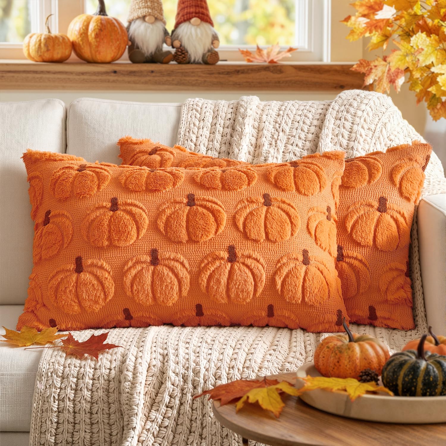 MIULEE Cushion Cover Set 2 Pieces Sofa Cushion Cover Artificial Wool Autumn Pumpkin Pattern Bedroom Brown Orange Stem