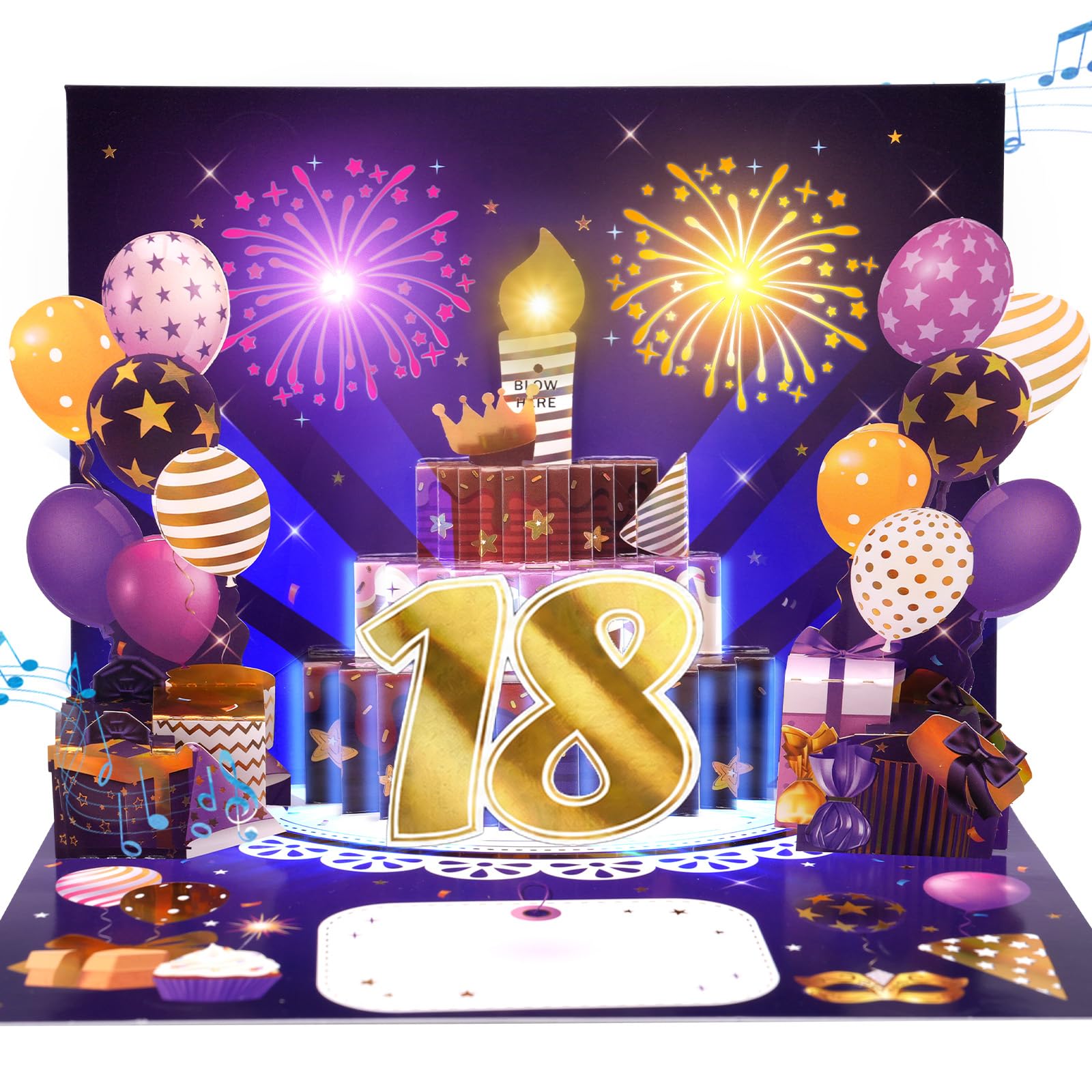 18th Musical Birthday Card, 3D Light-up Birthday Card for 18th Boys, Girls | Pop Up Cake Happy Birthday Card w Firework Lights & Blowable Candle for 18 year-old Boys, Girls, Grandson, Granddaughter