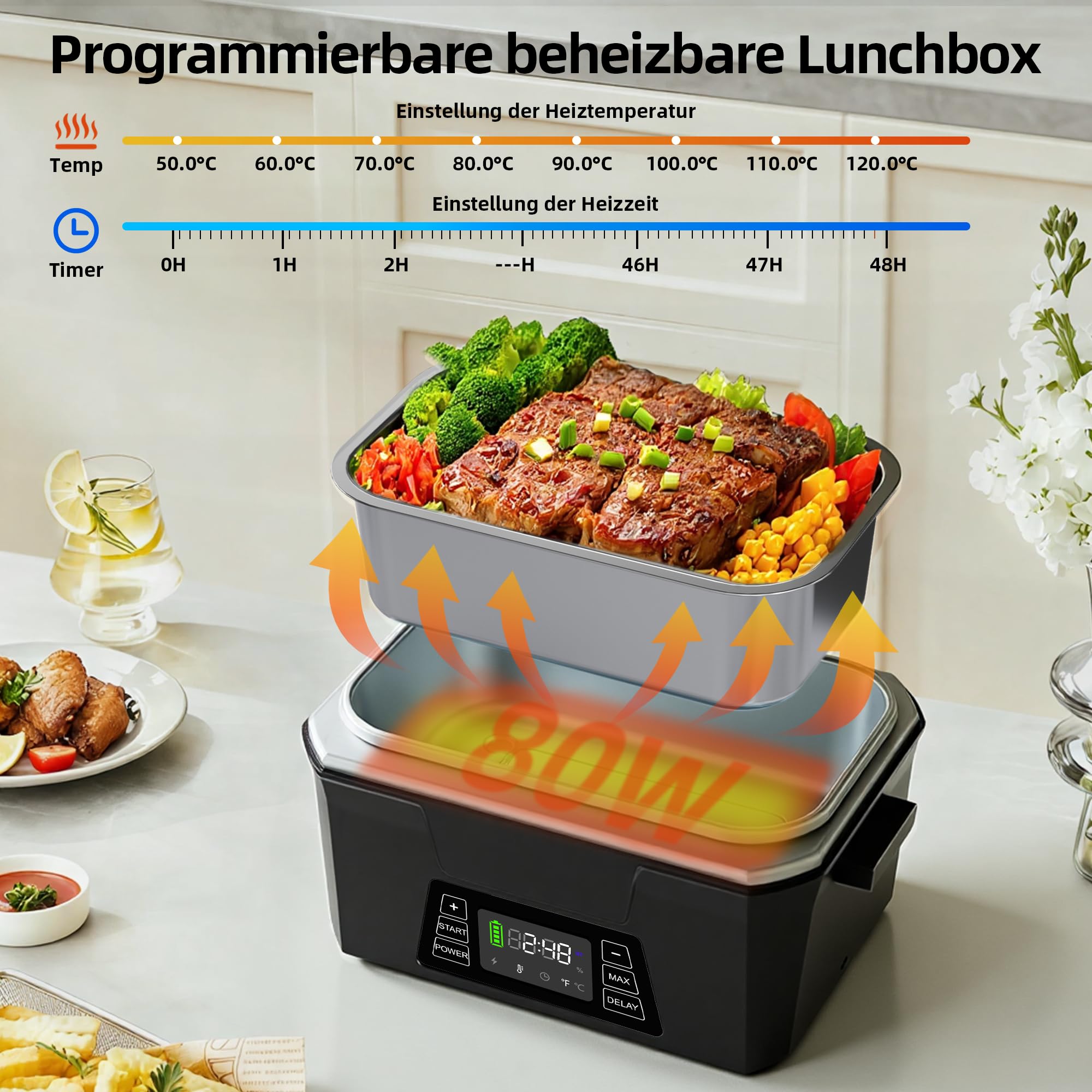 Vabaso Wiederaufladbare Kabellose Elektrische Lunchbox mit App-Steuerung, 10000mAh Batterie, 80W Schnellheizung & Warmhaltefunktion, Selbstaufwärmende Essensbox für Büro, Auto oder Outdoor