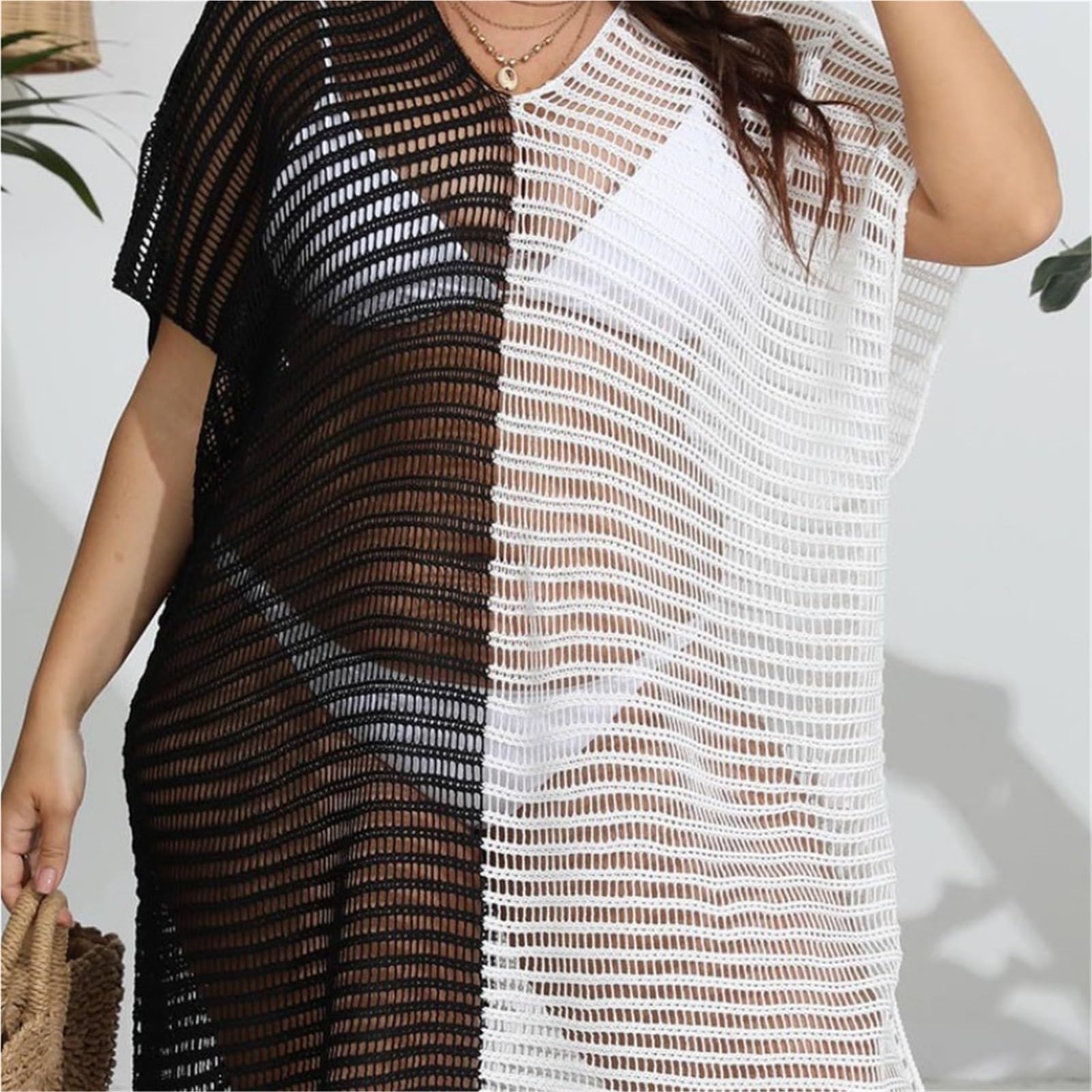 Vestido Playa Mujer Vestido playero de manga corta con parches sólidos for mujer, talla grande, for playa