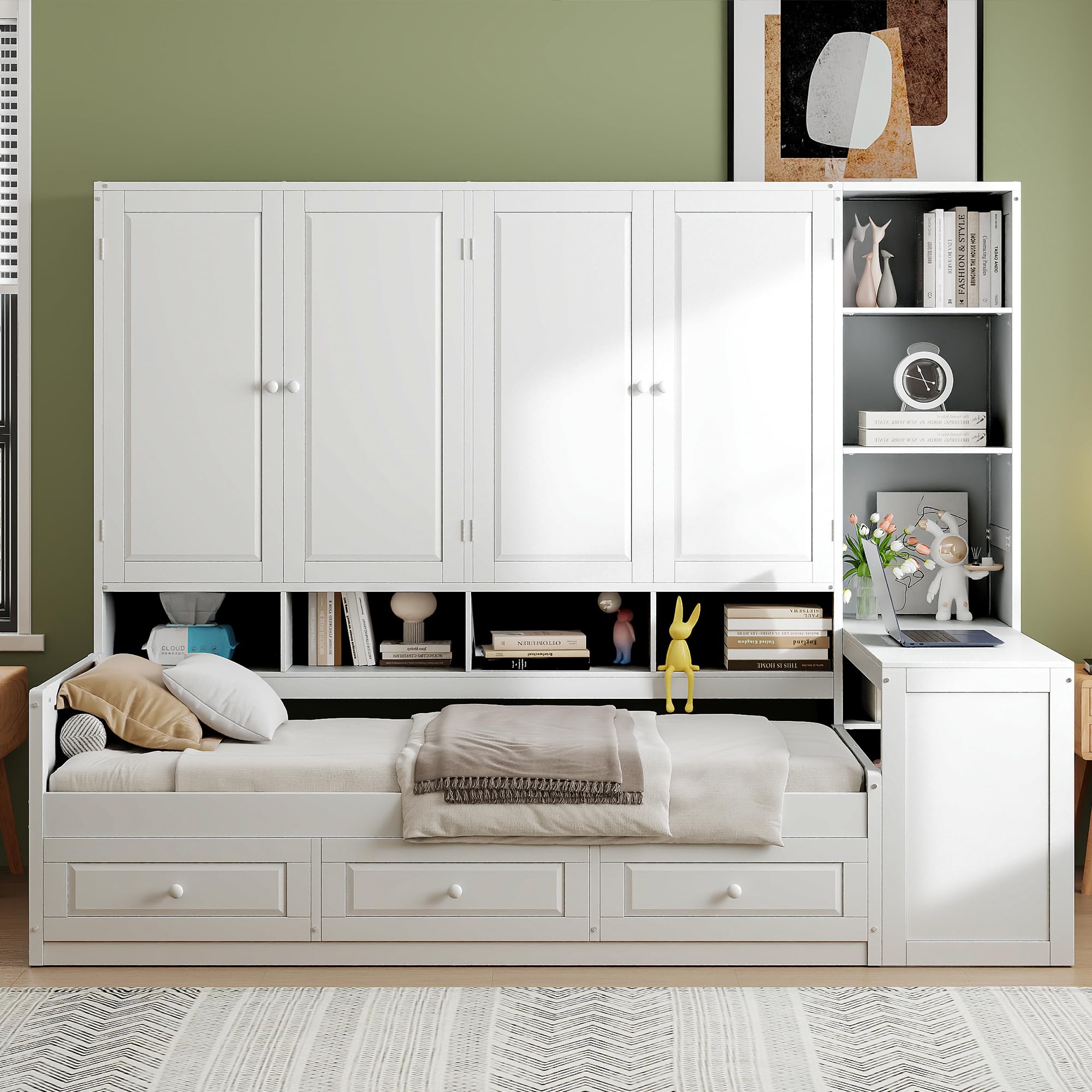Photo 1 of ***PARTIAL SET***
Merax Twin Size Wooden Daybed with Three Drawers, and All-in-One Storage Cabinet, Desk and Shelves, White