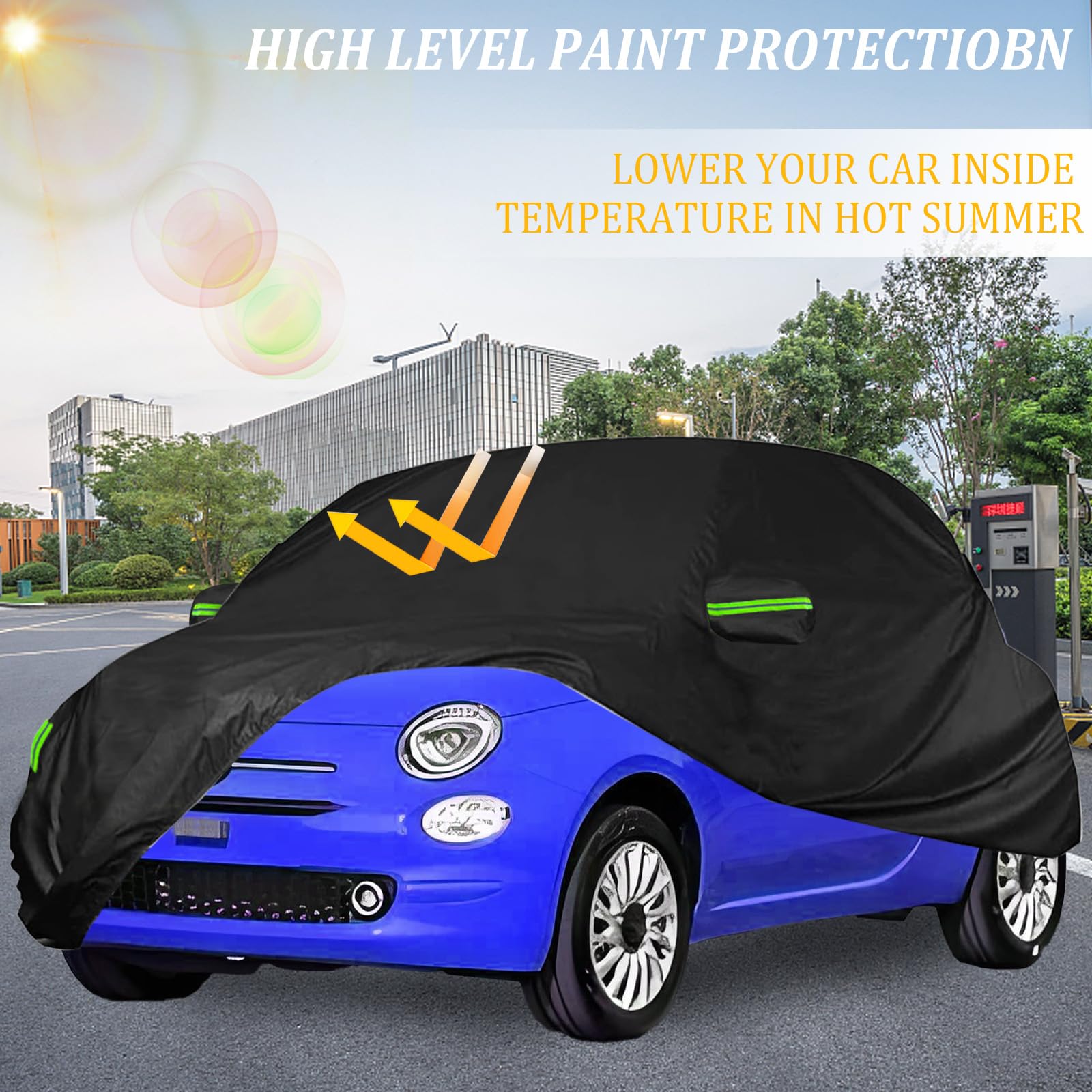 Bâche de Voiture Étanche pour Fiat 500/500C/500E/Abarth 500 2007-2024, Housse Voiture Impermeable Housse de Protection Voiture Exterieur avec Zip et Sangle Coupe-Vent