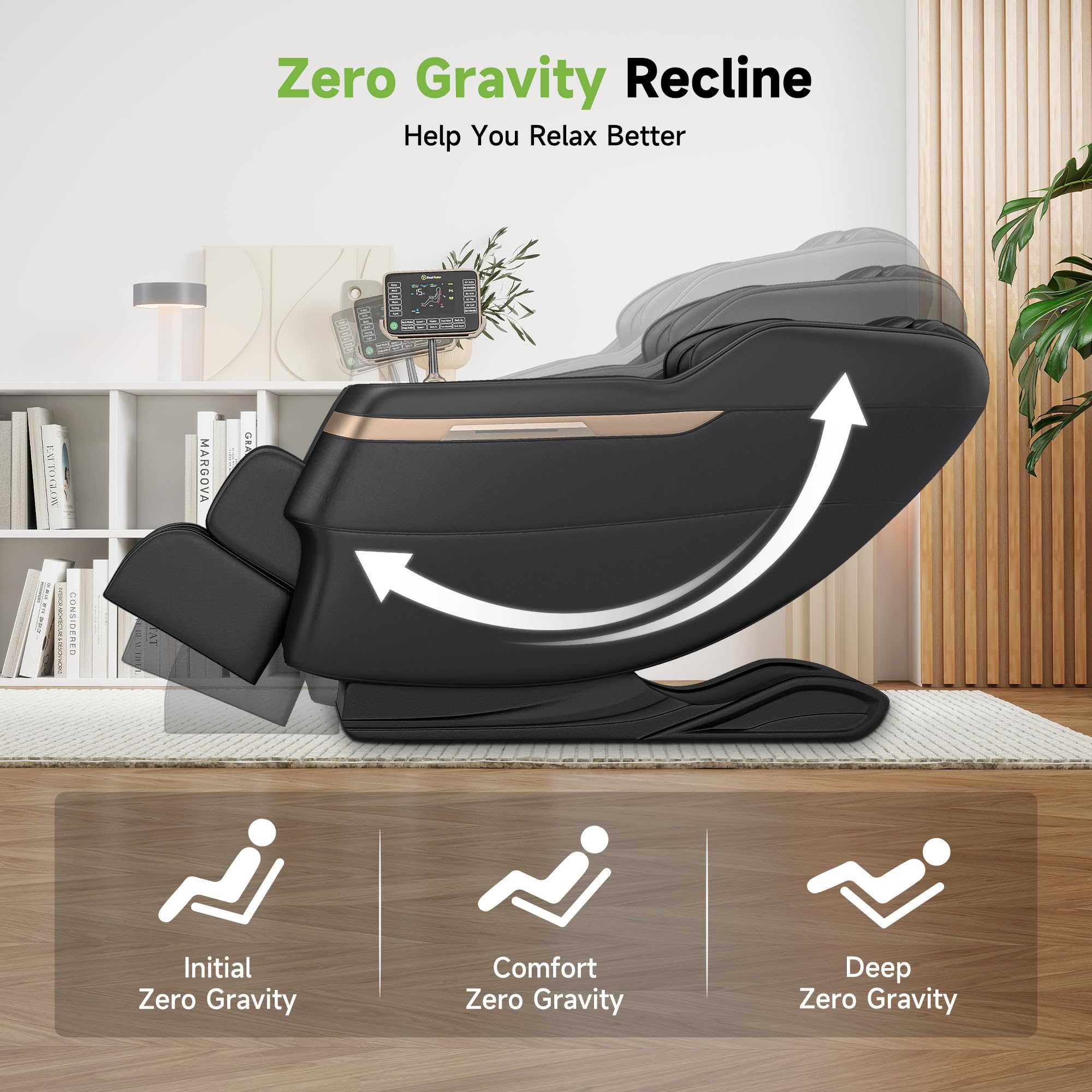 Real Relax Chaise de Massage du Corps Entier, Fauteuil inclinable de Massage Shiatsu à gravité zéro, Massage des Pieds, Bluetooth, Grand écran de contrôle (Noir Classique)