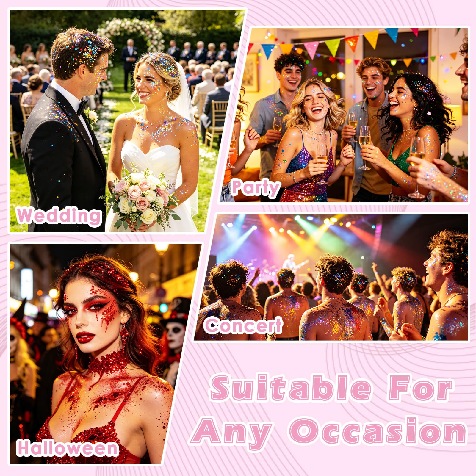 Glitter Viso Make up in Gel 12 colori Glitter per Corpo e Capelli Autoadesivo con Scintillii, Impermeabile 1 Fogli Adesivi con Strass per Trucco Professionale per Trucco Festival