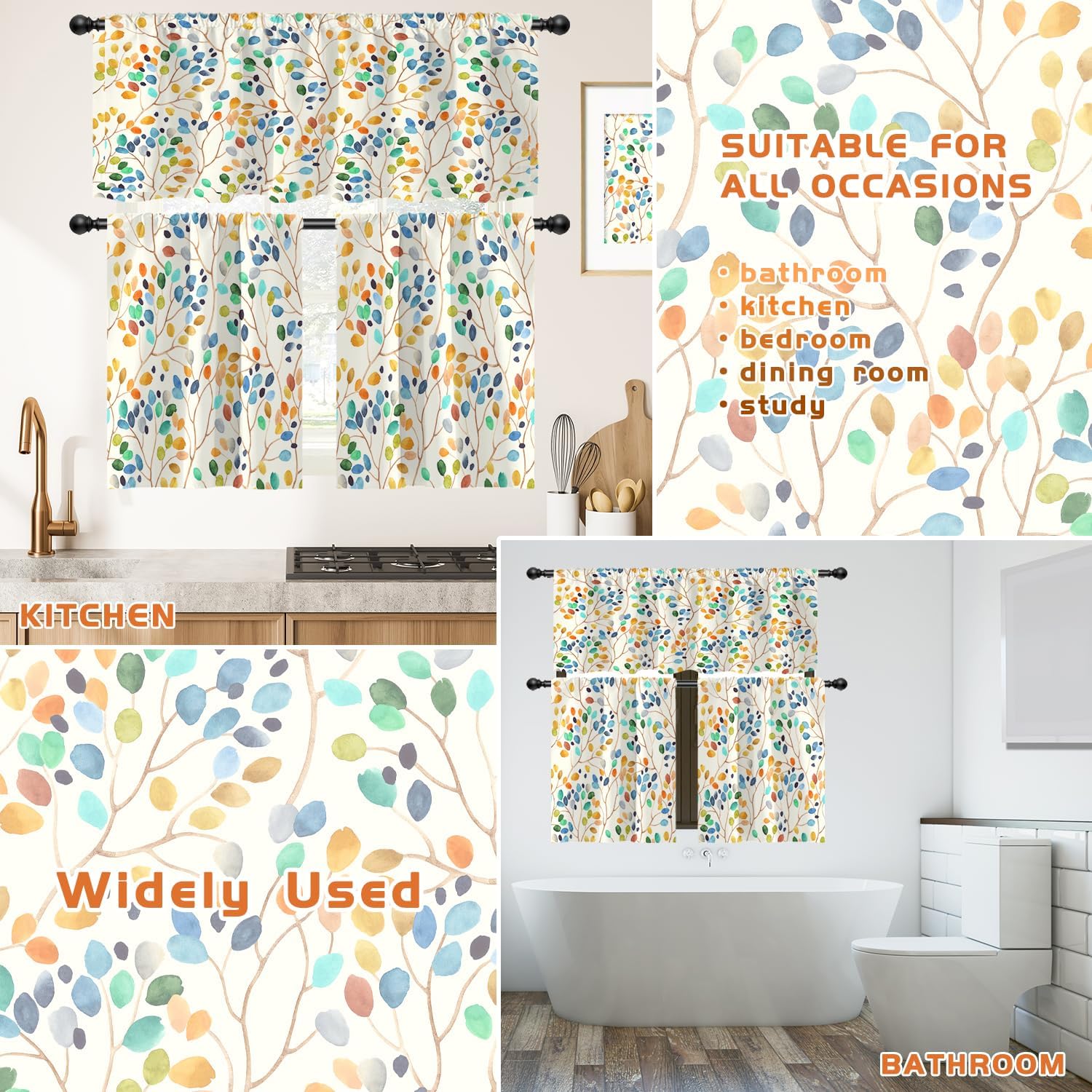 Colorful Kitchen Window Curtains Valance and Tiers Set Rod Pocket Small Short Mini Plant Floral Boho Watercolor Retro Vintage Drapes 3 Panel for Living Bedroom Decor 52x18 inch + 26x36 inch*2