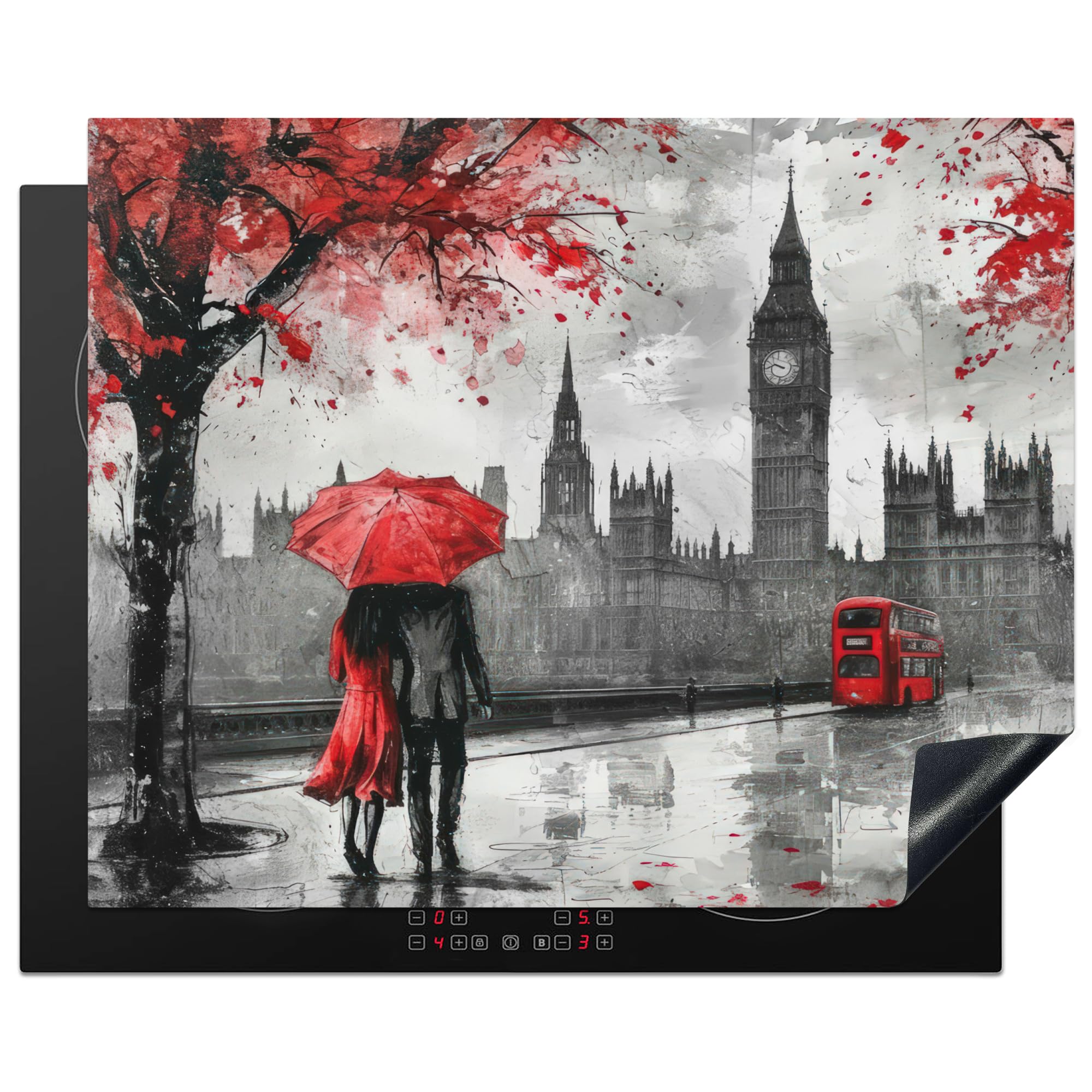KitchenYeah© Induction Hob Protector Mat 20.5"x25.6" / 65x52 cm Cooker Top Protectors Cover Ceramic Covers Electric Hobs Vinyl London - Red - Black - Couple - Romantic