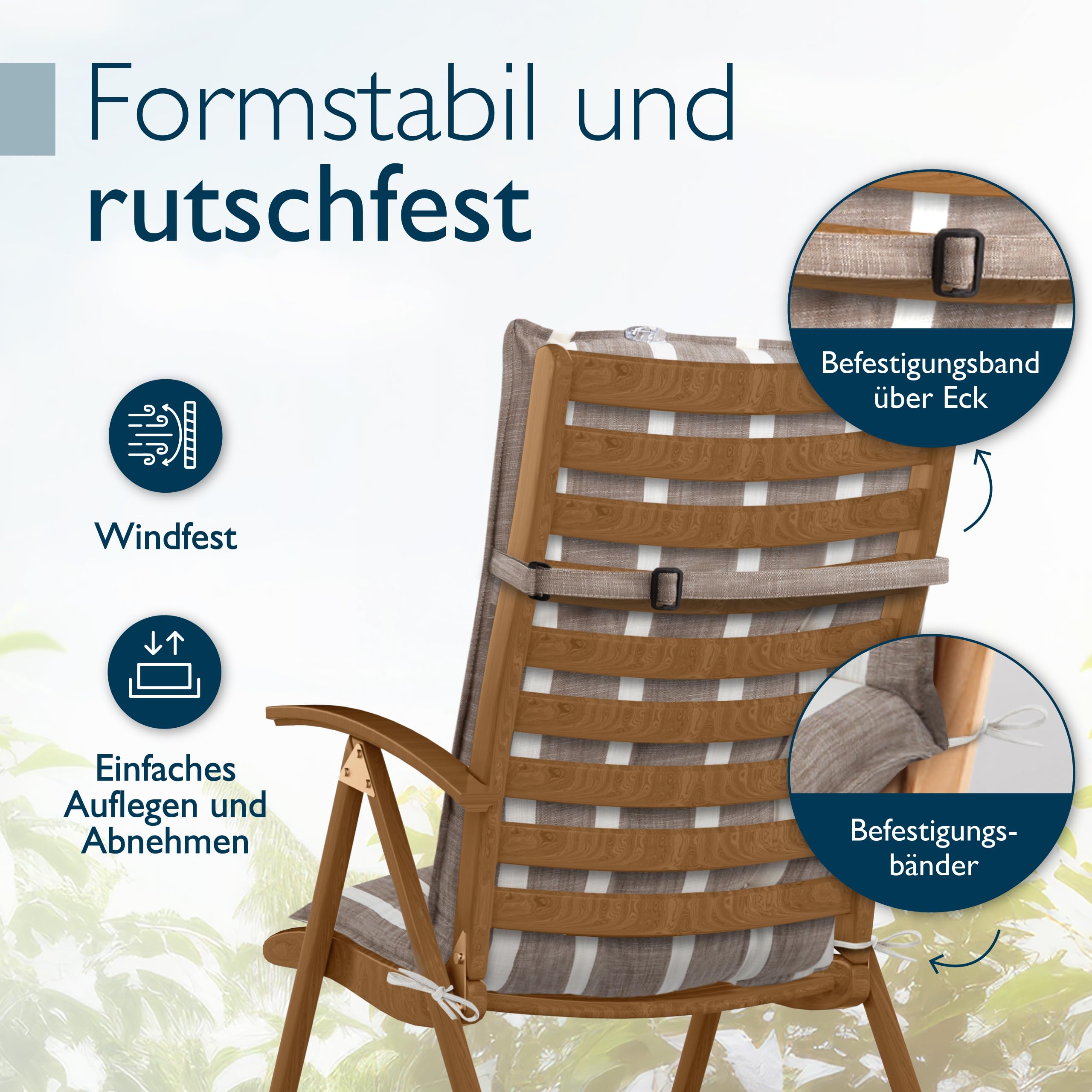 Beautissu Premium Cuscino Schienale Alto con Poggiatesta Sedia Giardino | 120x50cm spessore 8cm beige bianche a righe tessuto robusto resistente UV fissaggio antiscivolo Cuscini sdraio esterno Sun-HL