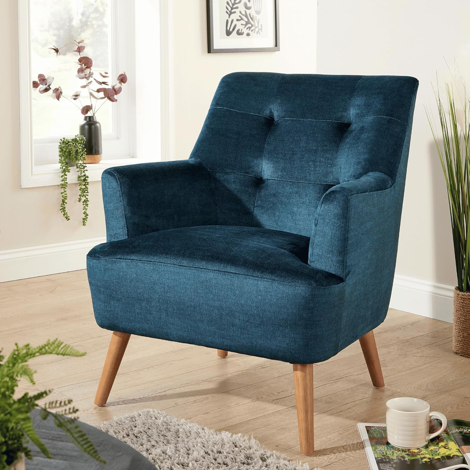 Home Source Accent Armchair – Modern Fabric Armchair with Curved Arms, Foam-Filled Cushions & Solid Rubberwood Legs – Comfortable Lounge Chair for Living Room, Bedroom or Reading Corner