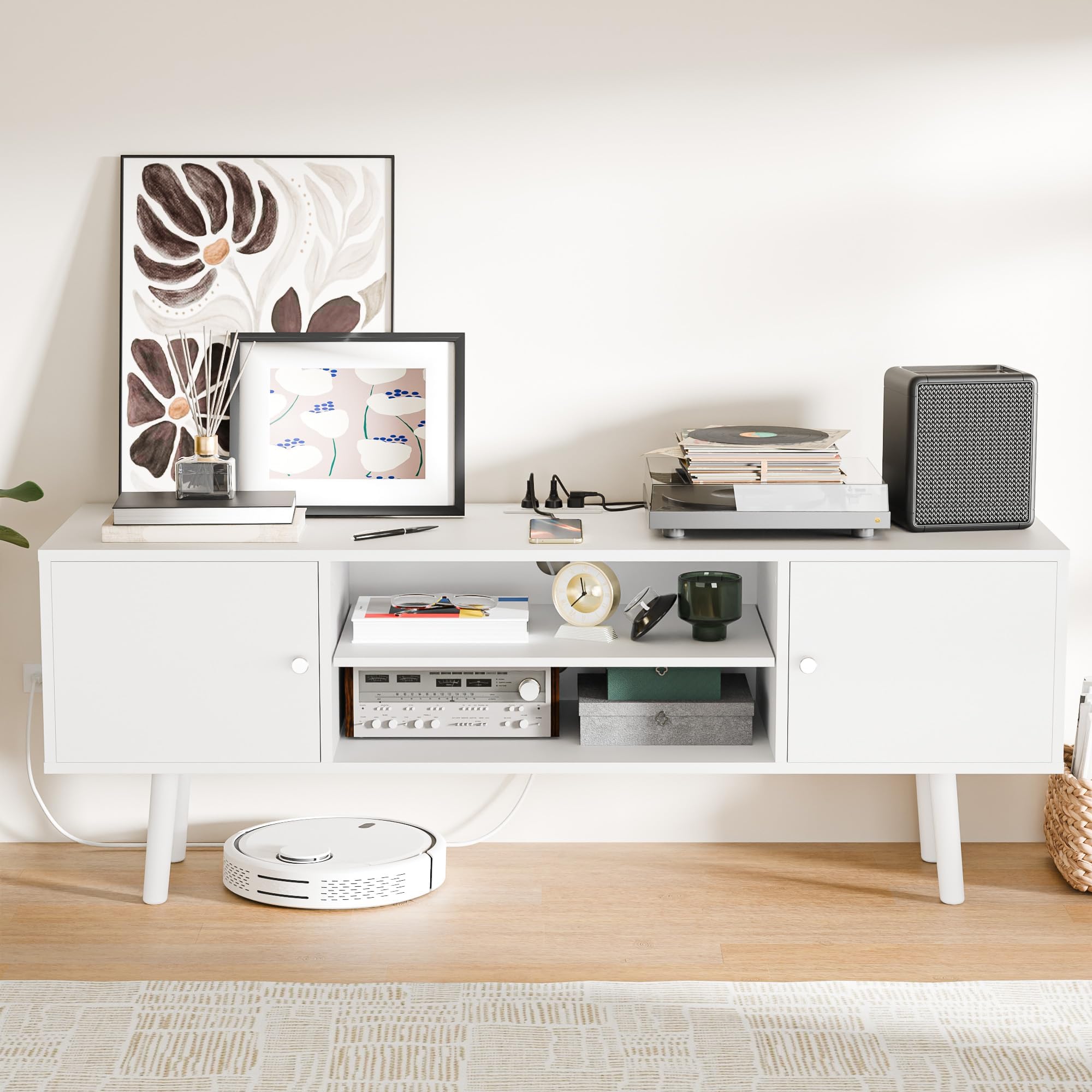 TV Schrank, Lowboard, mit 2 Türen, 135 cm lang, Fernsehtisch für bis zu 55 Zol,verstellbare Ablagen, Fernsehschrank für Wohnzimmer, Esszimmer, Schlafzimmer (Weiß, 135 cm)