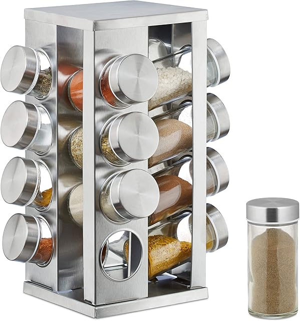 Relaxdays 10026461 Carousel with 16 Jars, 360° Rotation, Clear Spice Shakers, Stainless Steel, 18/8, Silver, Transparent