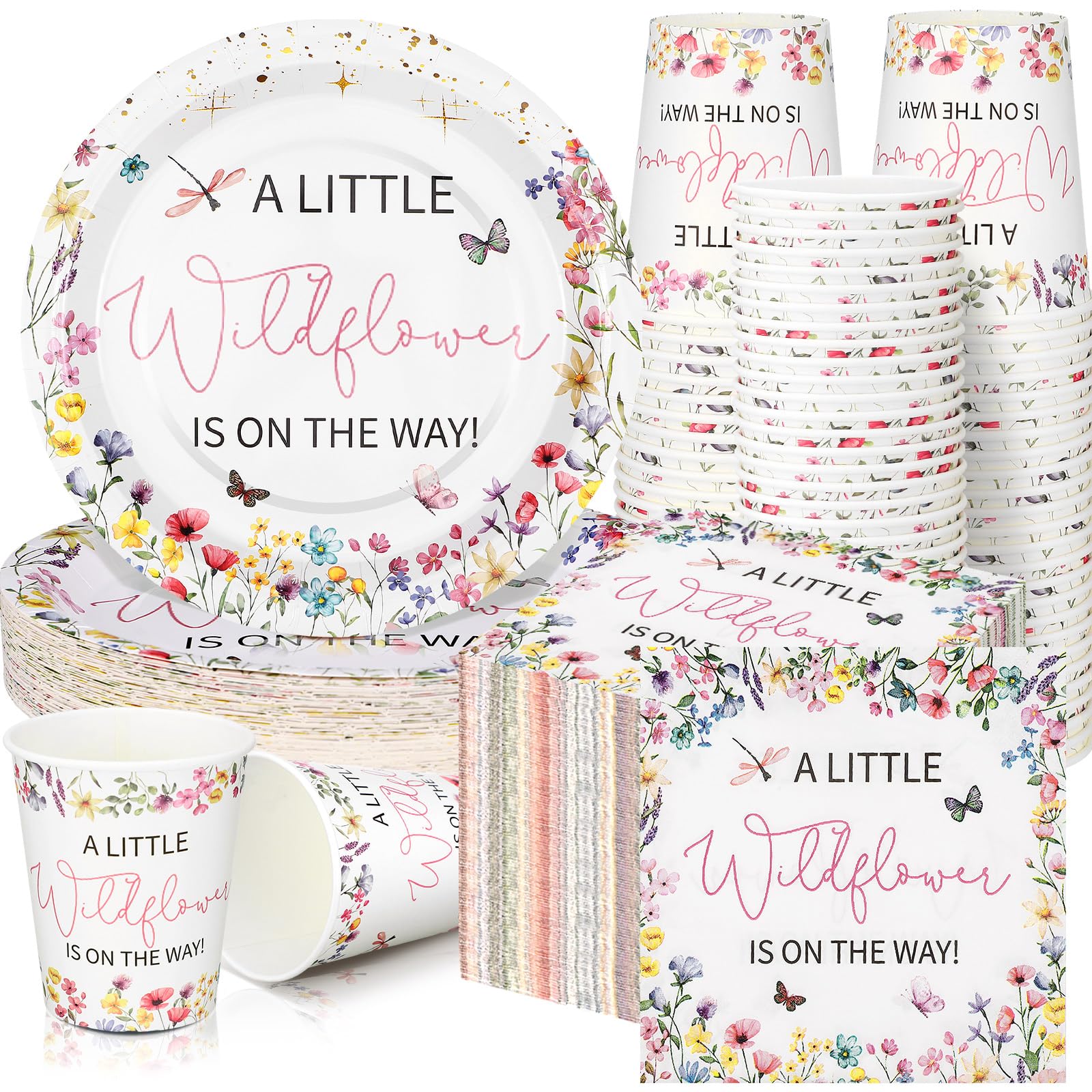 Hushee 200 Pcs Baby in Bloom Baby Shower Paper Plates Napkins Cups Wildflower Party Supplies Tableware Set a Little Wildflower Is on The Way