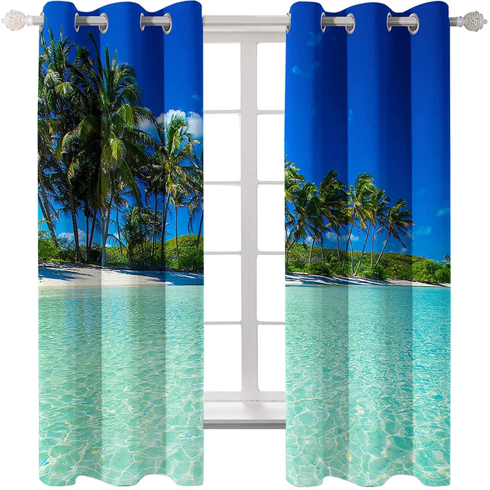 Vorhänge Blickdicht, Verdunklungsvorhänge Palmen Meer Strand Landschaft 2er Set H 183 x B 107 cm Abdunkelnde Gardinen Ösen für Wohnzimmer