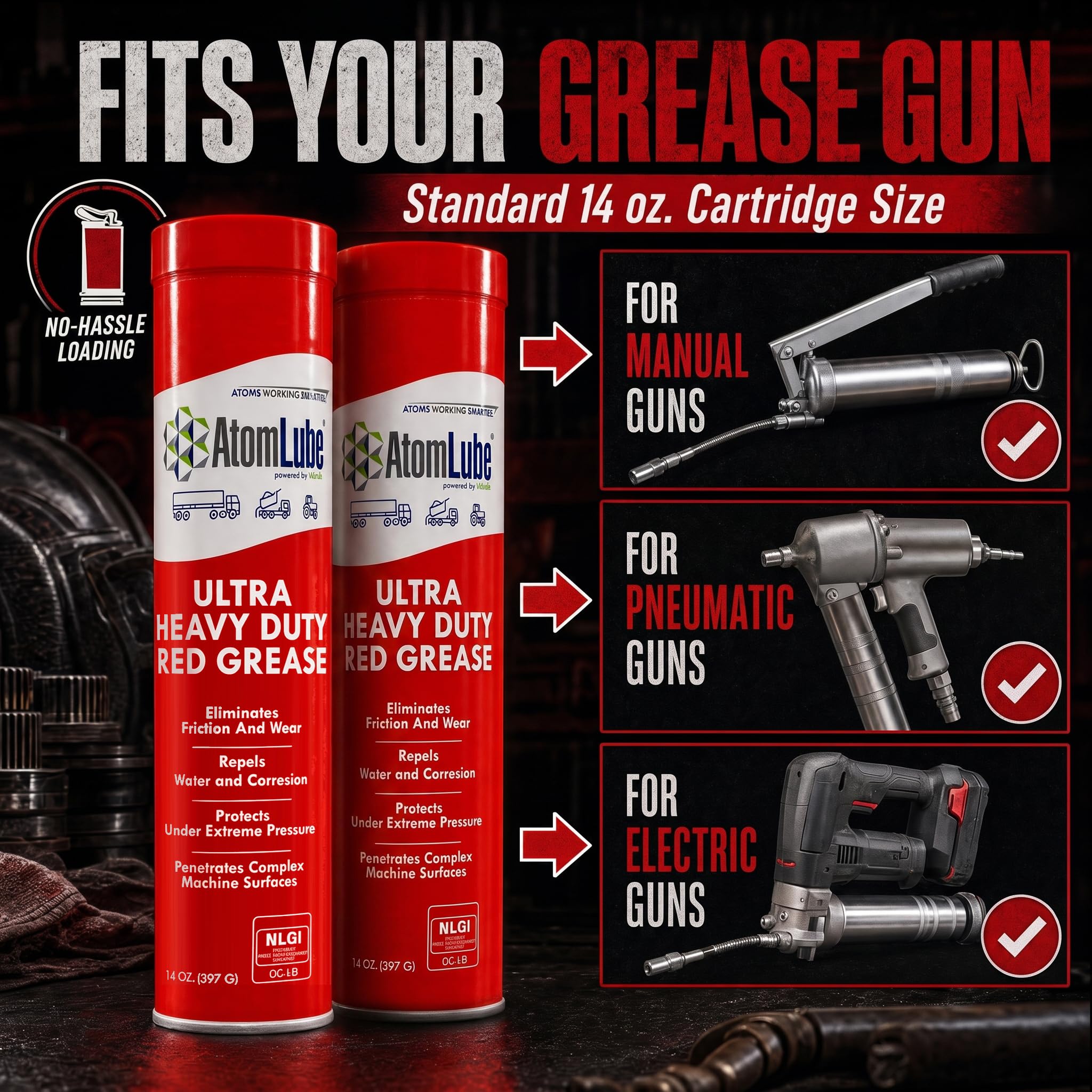 AtomLube Ultra Heavy Duty Red Grease | wodoodporne rury do smarowania i smarowania o wysokiej tempie do powierzchni metalowych, smar do akcesoriów do ciężarówek, 2 sztuki po 14 uncji