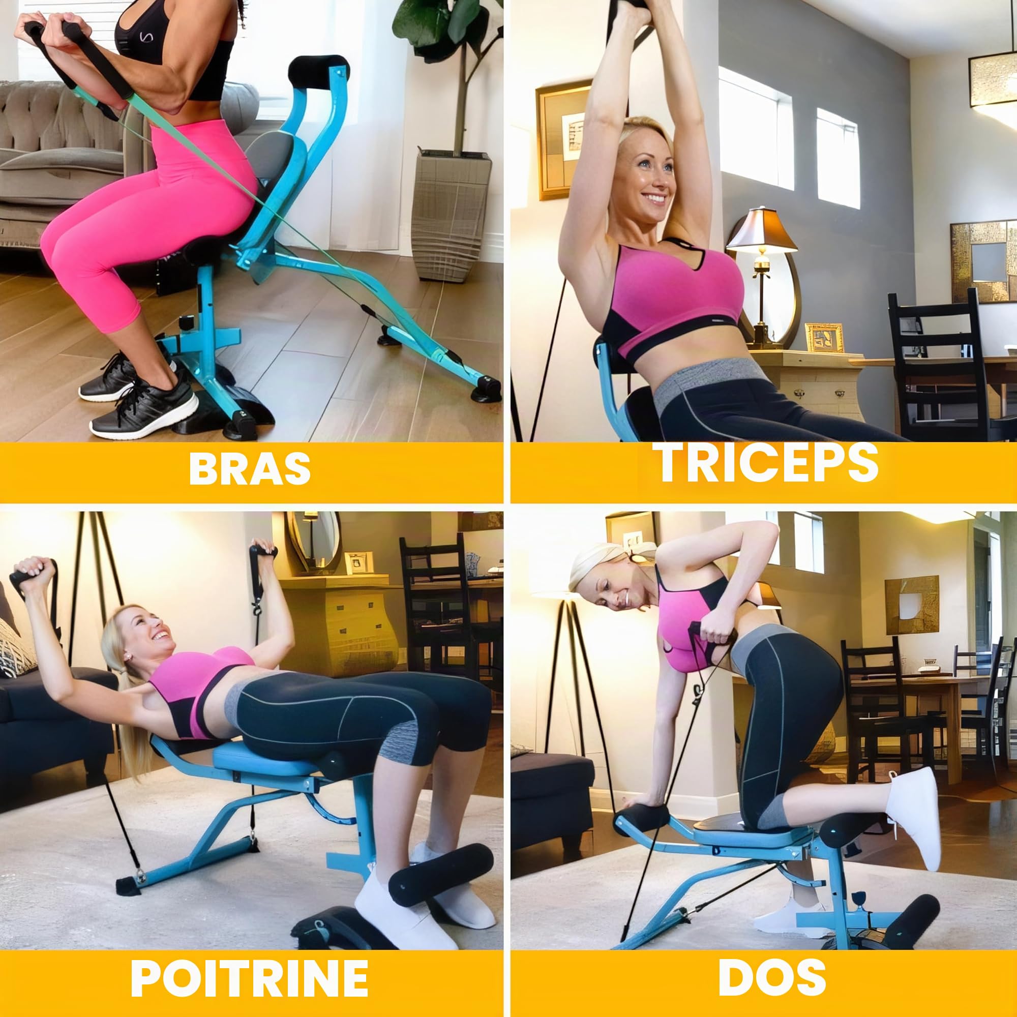 Banc multi-exercice TOTAL 10. Entraînez tout le corps à la maison et améliorez votre posture en seulement 10 minutes par jour. Sans impact sur les articulations. Pliable, sûr, réglable. Avec 6 bandes