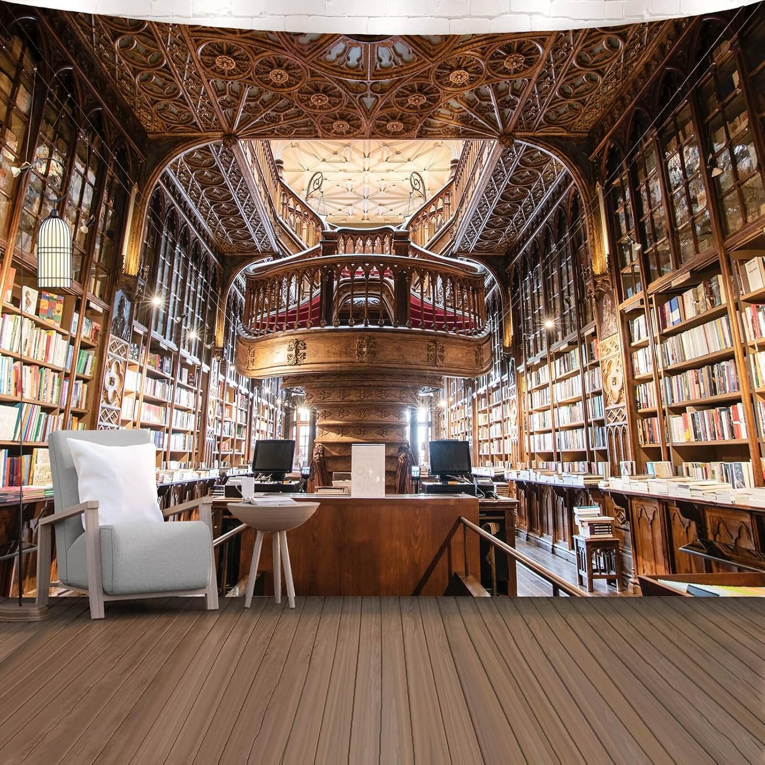 Vintage Bookshelf Tapestry Wall Hanging Classical Study