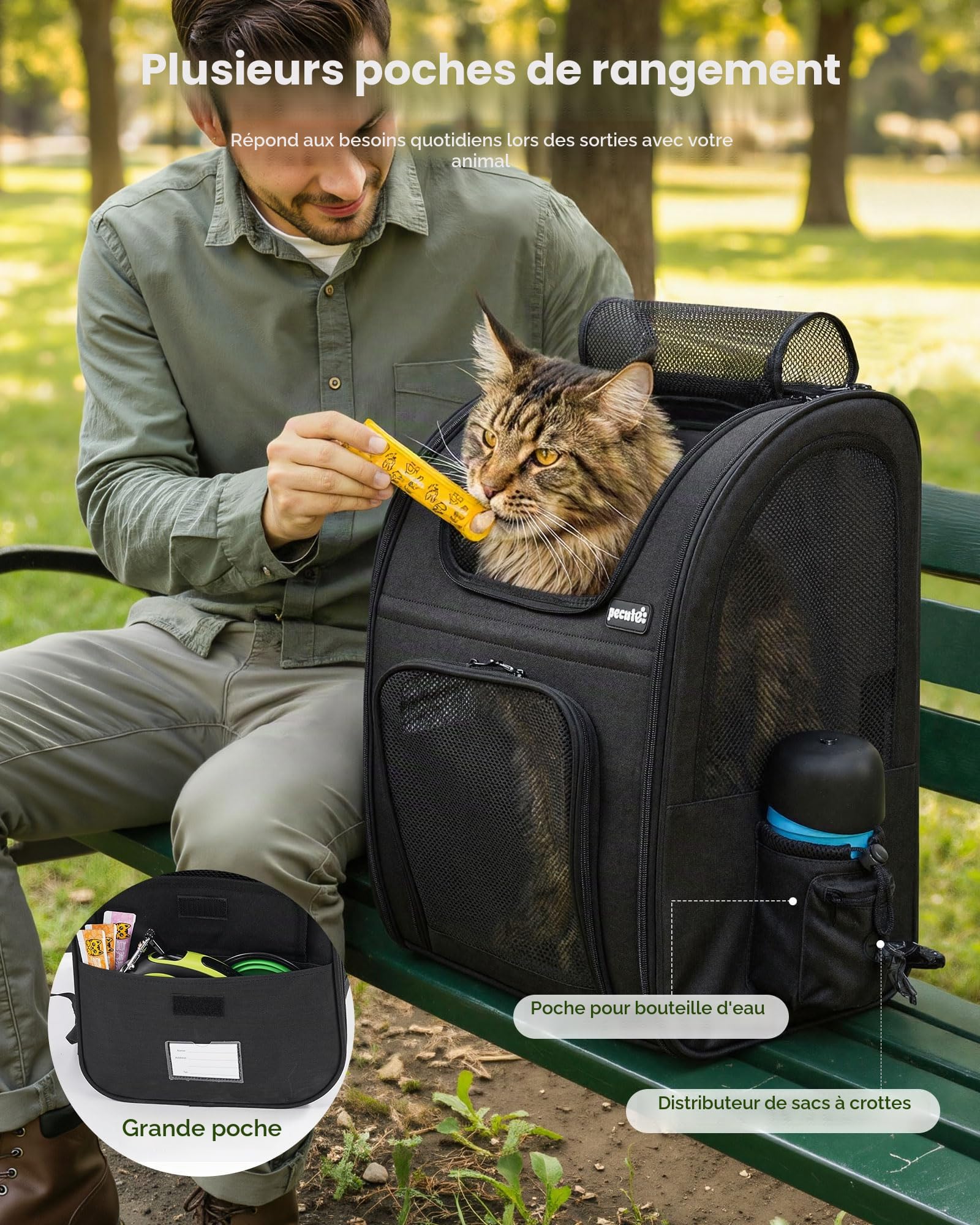 pecute Sac à Dos Chat Chien Respirant Grand, Sac Transport Chat, Noir | Confortable Sac Transport pour Chien , Stable Sac à dos Chien avec Laisse de Sécurité Intérieure et Tapis pour Voyage
