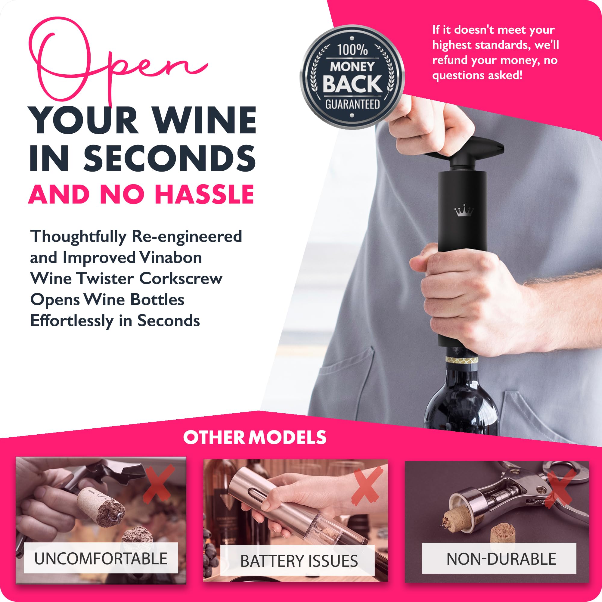 VINABON Abridor de vino autotirante, sacacorchos 2 en 1 de calidad profesional con cortador de papel de aluminio para vino, sacacorchos manual de fácil giro para botellas de vino, incluye libro