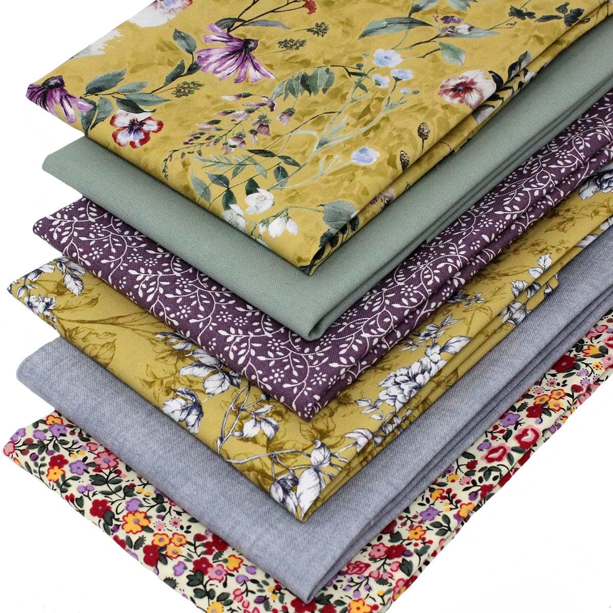 6 Fat Quarters Bundle - 'Natures Harmony' Floral Fabrics in Ochre, Lilac, Mauve & Green. 100% Cotton for Quilting, Patchwork & Crafting (with Free Patchwork Pattern by Overdale Fabrics)