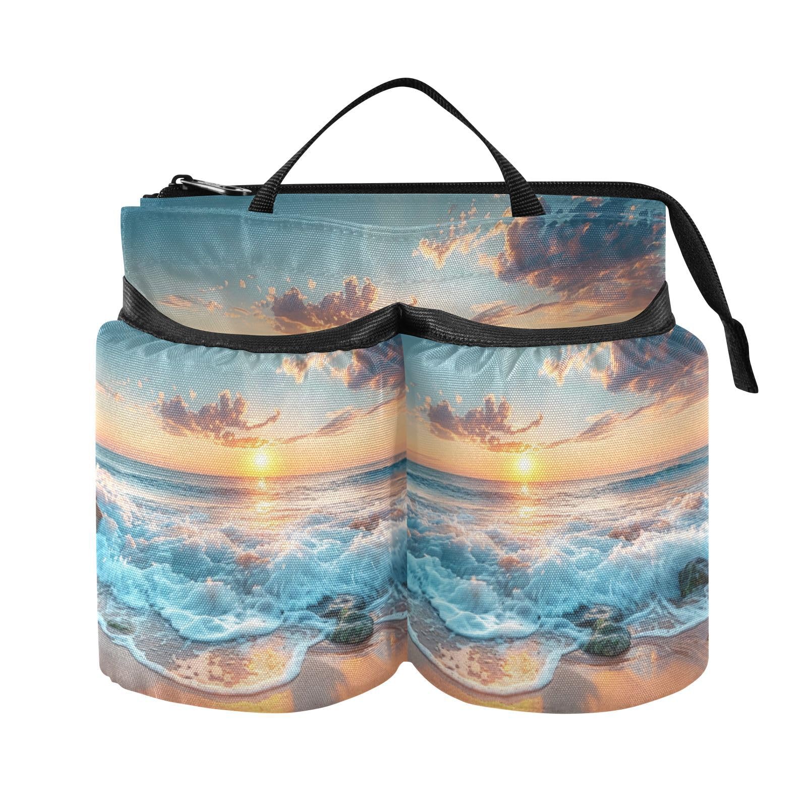 Lyeorm Beautiful Sea Luggage Travel Cup Holder Suitcase Drink Carrier Free Hand Beverage Bag with Two Coffee Mugs for Travelers Flight Attendants