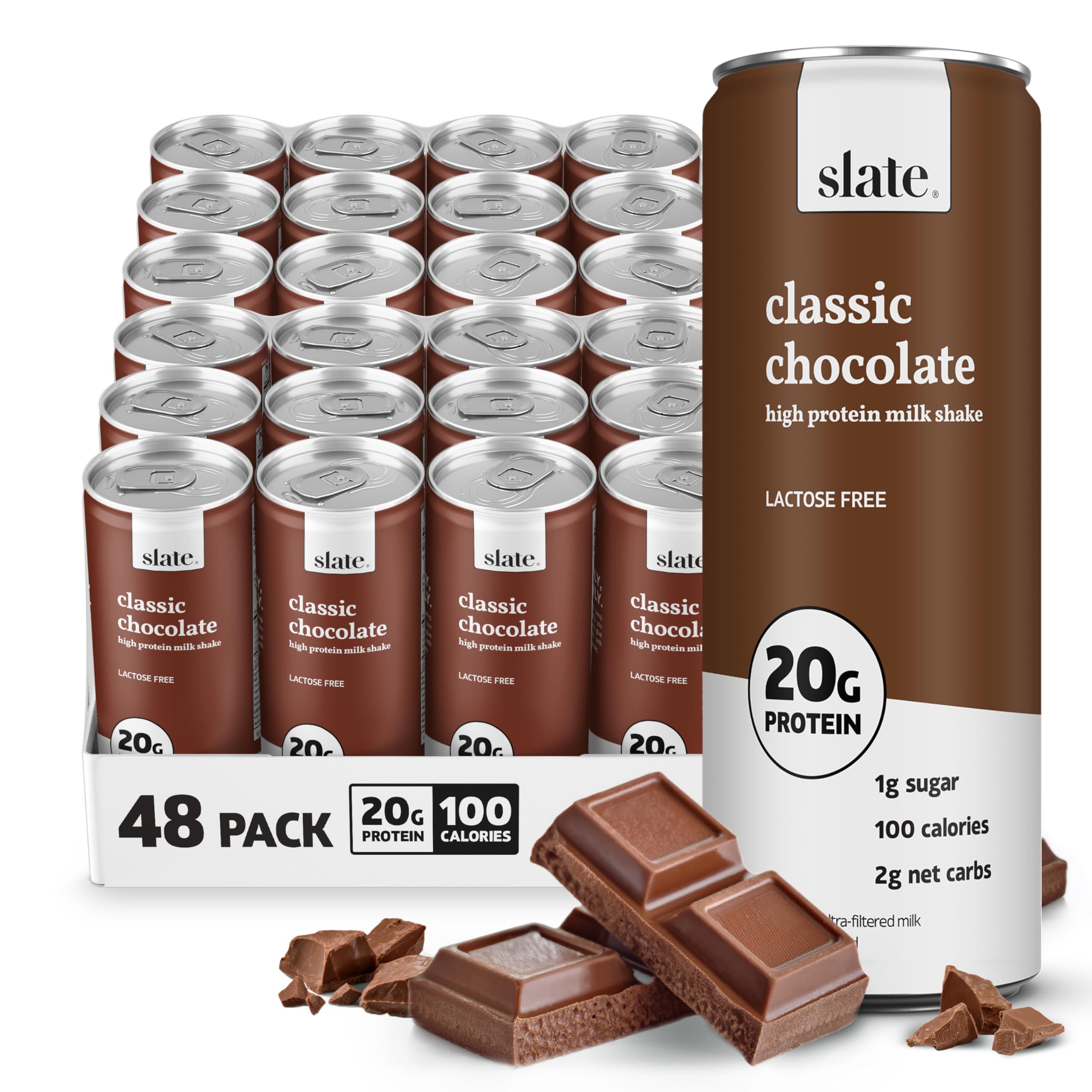 Slate Milk - High Protein Milk Shake - Classic Chocolate - Lactose Free, 20g Protein, 1g Sugar, 100 Calories, 2g Net Carbs, No Added Sugar - Natural, Breakfast Boost, Post Workout - 11 fl oz, 48 Cans