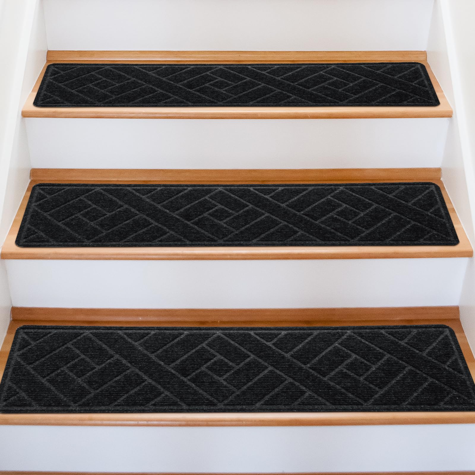 15 Pack 8 "X 30" Non-Slip Carpet Stair Treads for Indoor Wooden Steps, Made of Polyester and Reusable Adhesive, Suitable for Kids Elders and Pets?Black Lines?